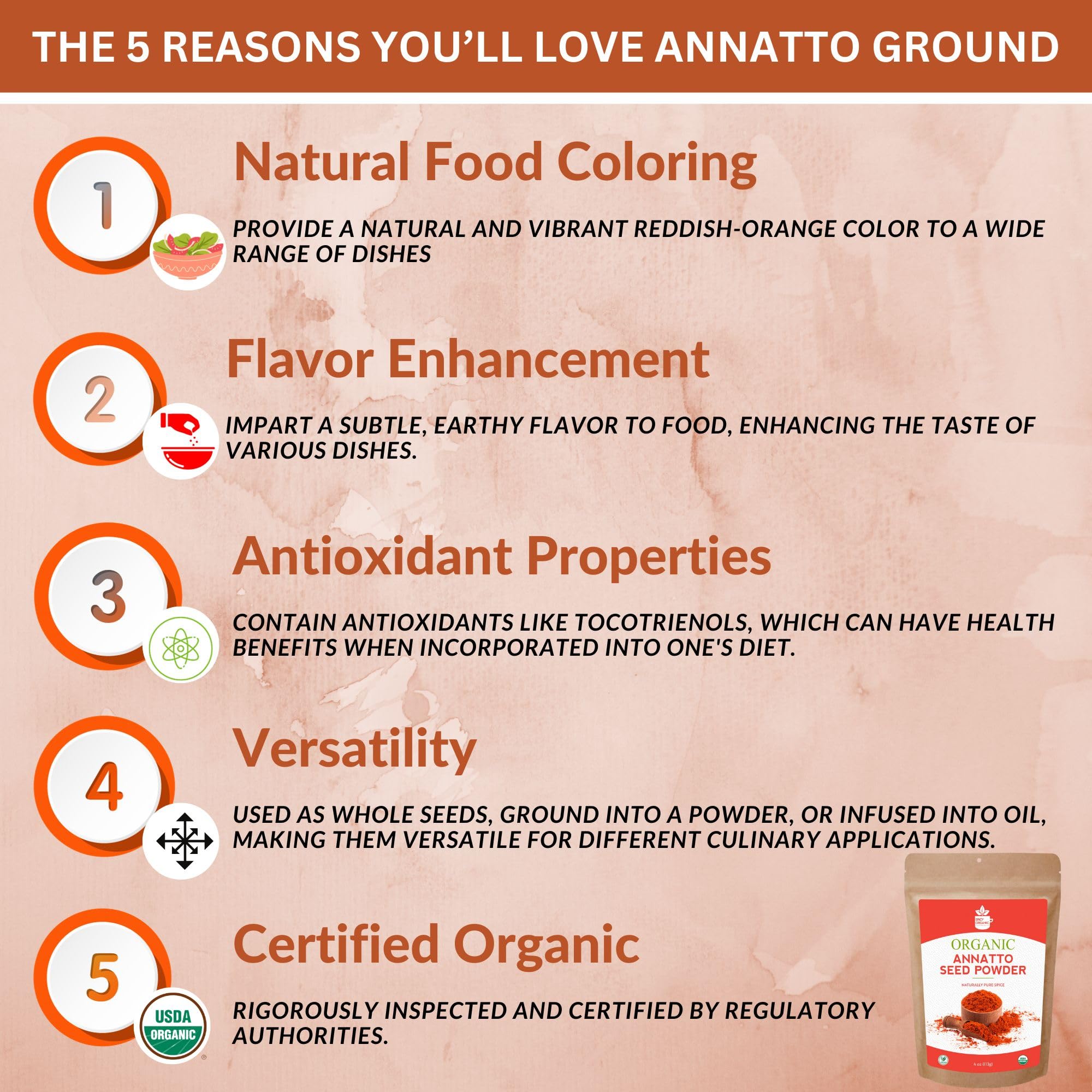 SPICY ORGANIC Annatto Powder 8 oz. - Certified USDA Organic - Ground Achiote Seed Spice for Seasoning and Cooking