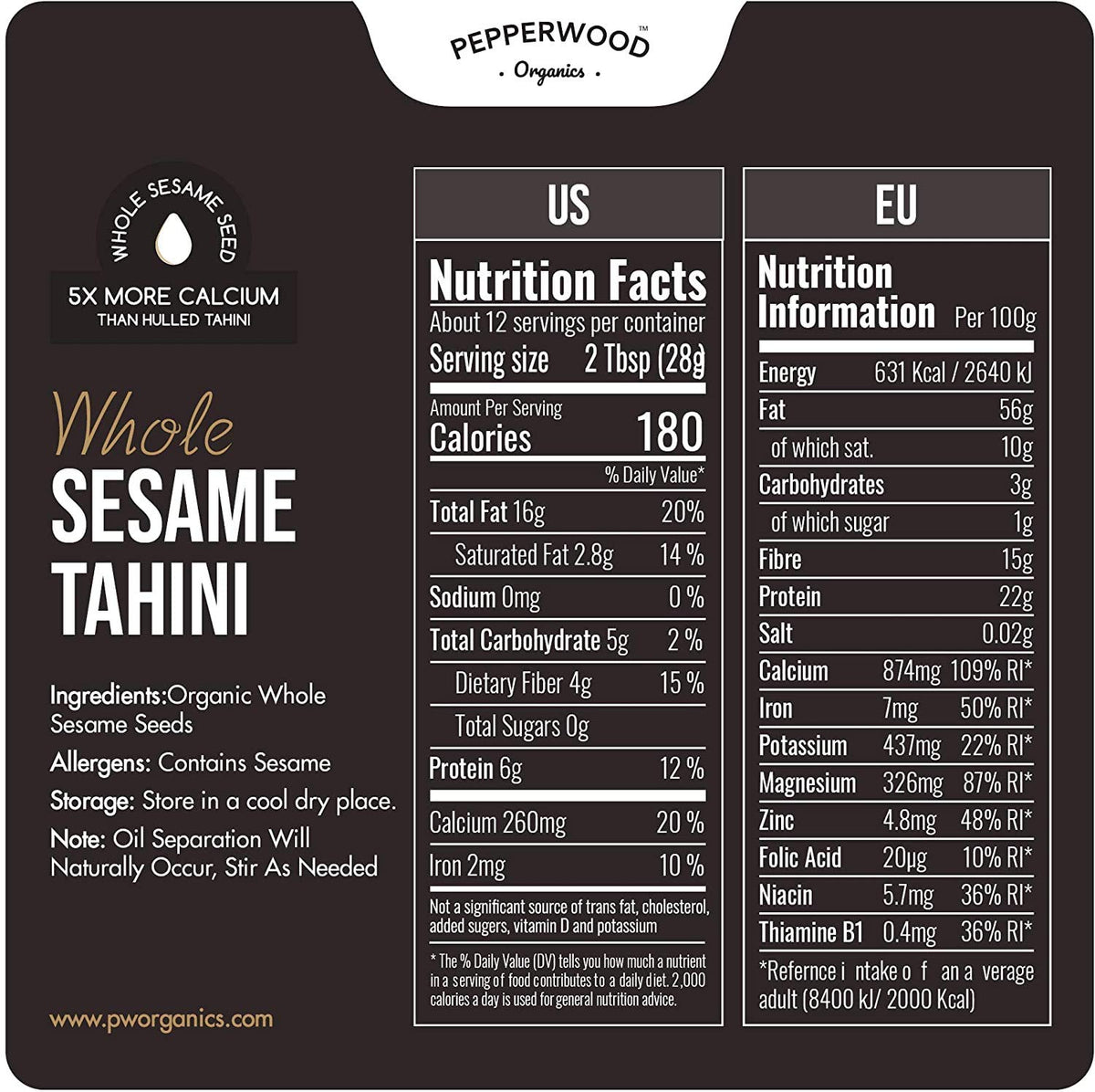 Organic Whole Sesame Tahini Paste - Bulk 6.6lb Bucket - Unhulled & Stone-Ground - Silky Smooth Texture in Hummus, Dips, Dressings - Unsalted