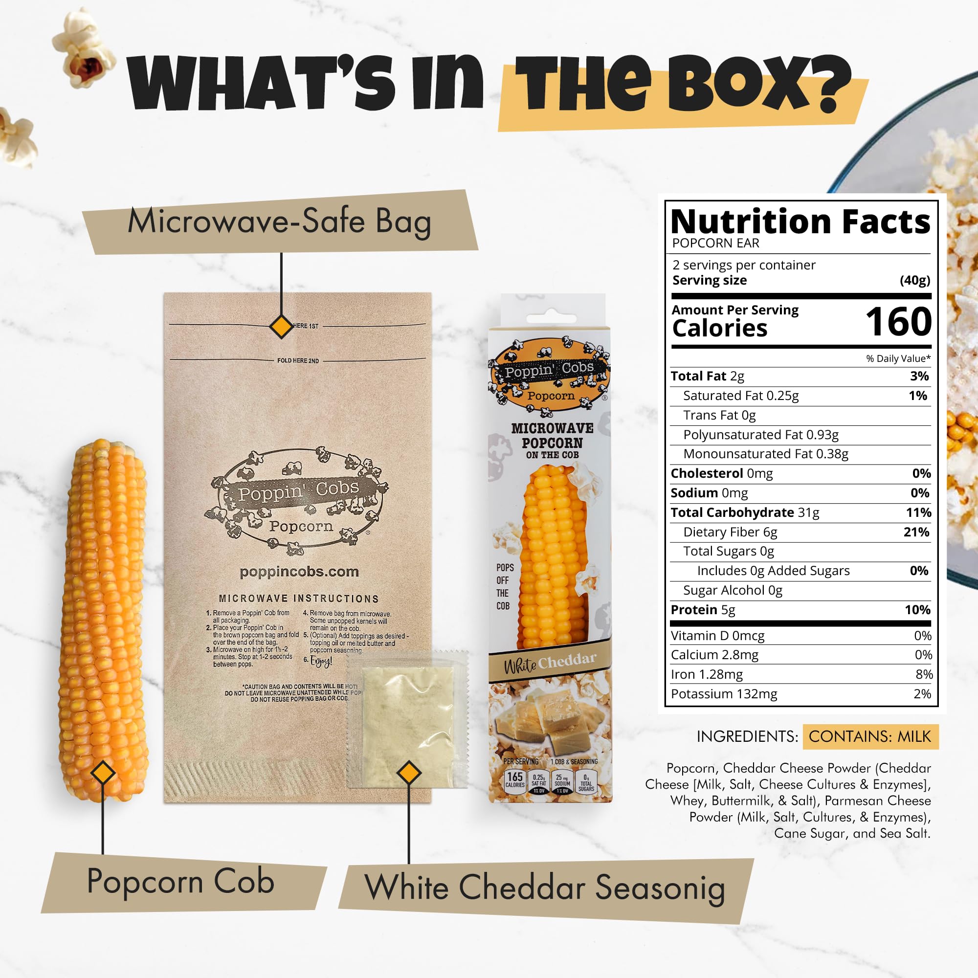 Poppin Cobs Microwave Popcorn on the Cob (8 PK) (White Cheddar) Whole Popcorn Kernels, Individually Wrapped Healthy Pop Corn on the Cob with Bags