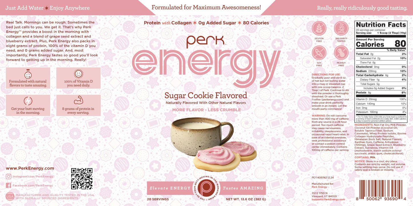 Perk Energy Drink Mix (Sugar Cookie) 20 Servings - Caffeinated Healthy Coffee Alternative with Protein, 100mg of Caffeine, Gluten-Free, Soy-Free