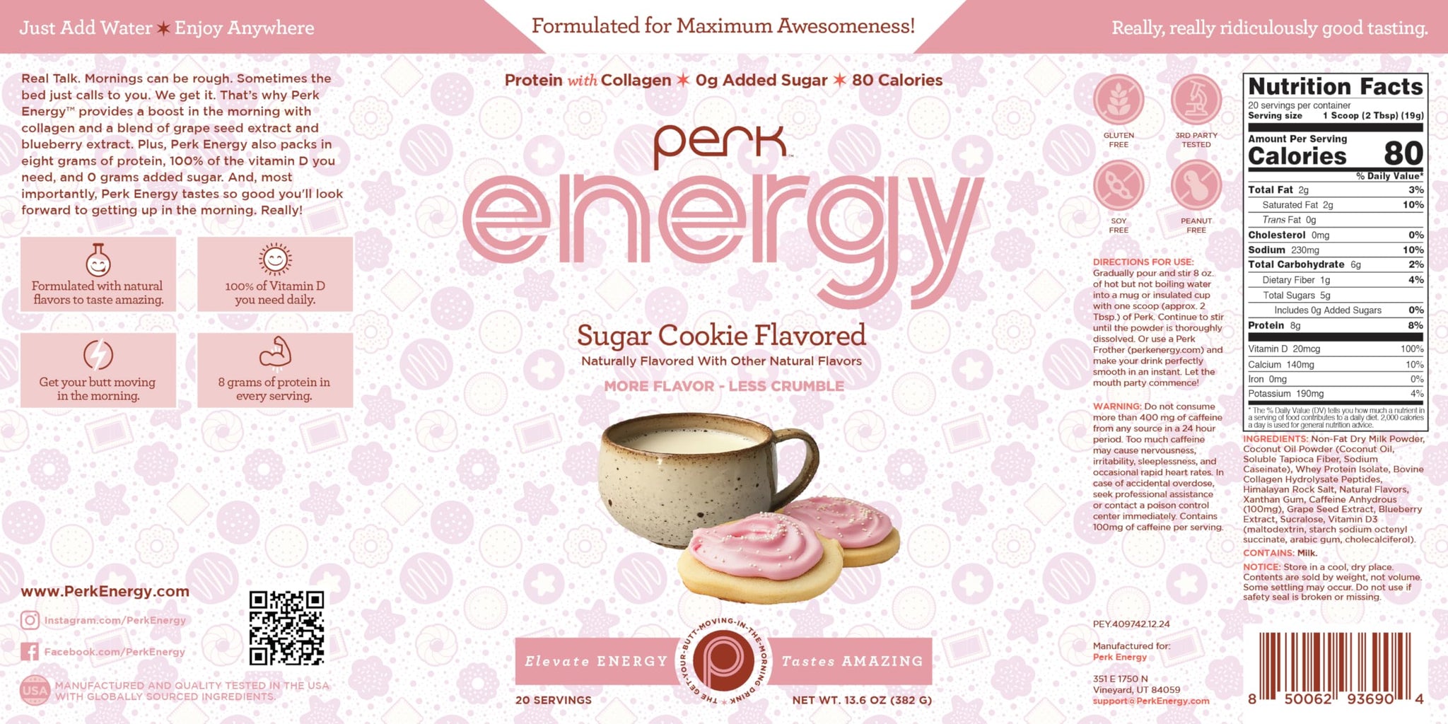 Perk Energy Drink Mix (Sugar Cookie) 20 Servings - Caffeinated Healthy Coffee Alternative with Protein, 100mg of Caffeine, Gluten-Free, Soy-Free