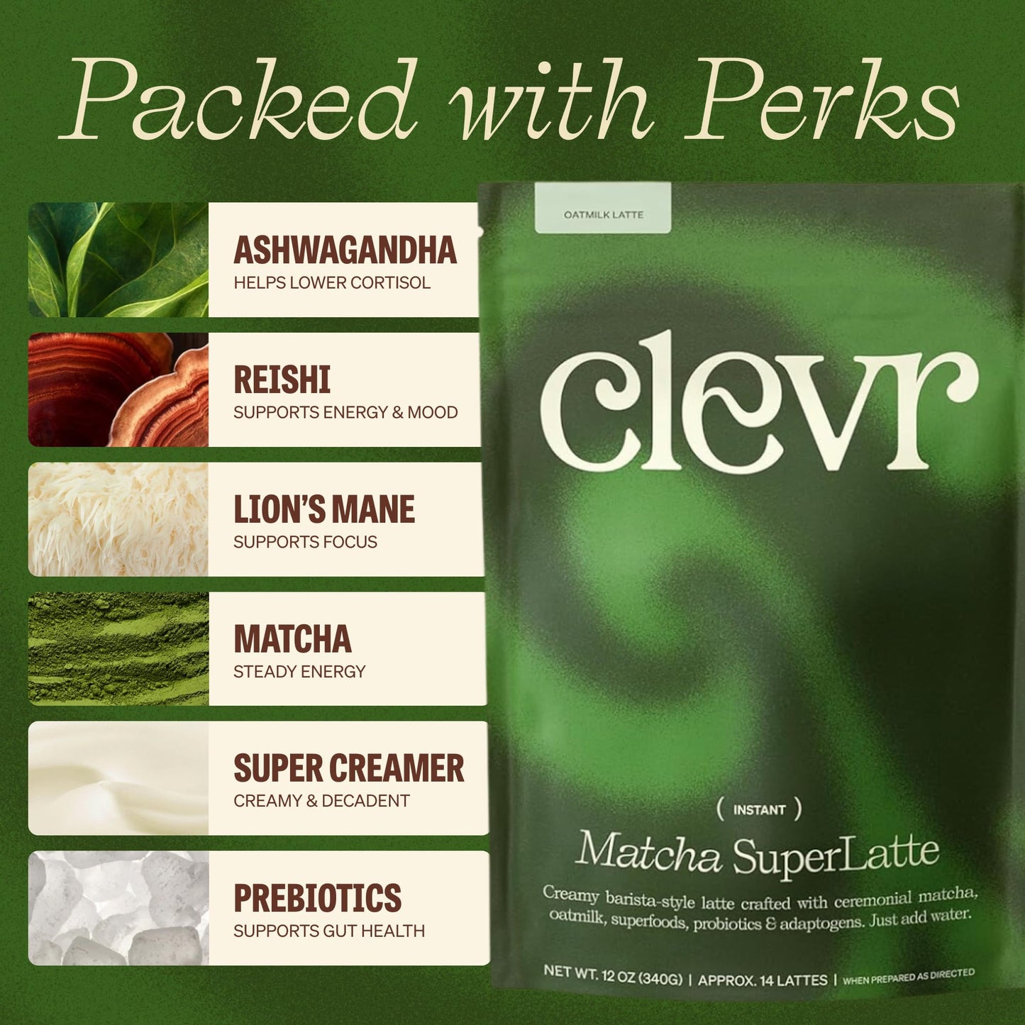 Clevr Matcha SuperLatte, Instant Ceremonial Grade, Superfood Powder Blend with Lions Mane, Reishi Mushroom, Coconut Cream, Ashwagandha, Serve Hot or