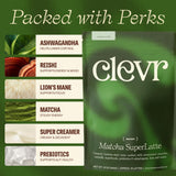 Clevr Matcha SuperLatte, Instant Ceremonial Grade, Superfood Powder Blend with Lions Mane, Reishi Mushroom, Coconut Cream, Ashwagandha, Serve Hot or
