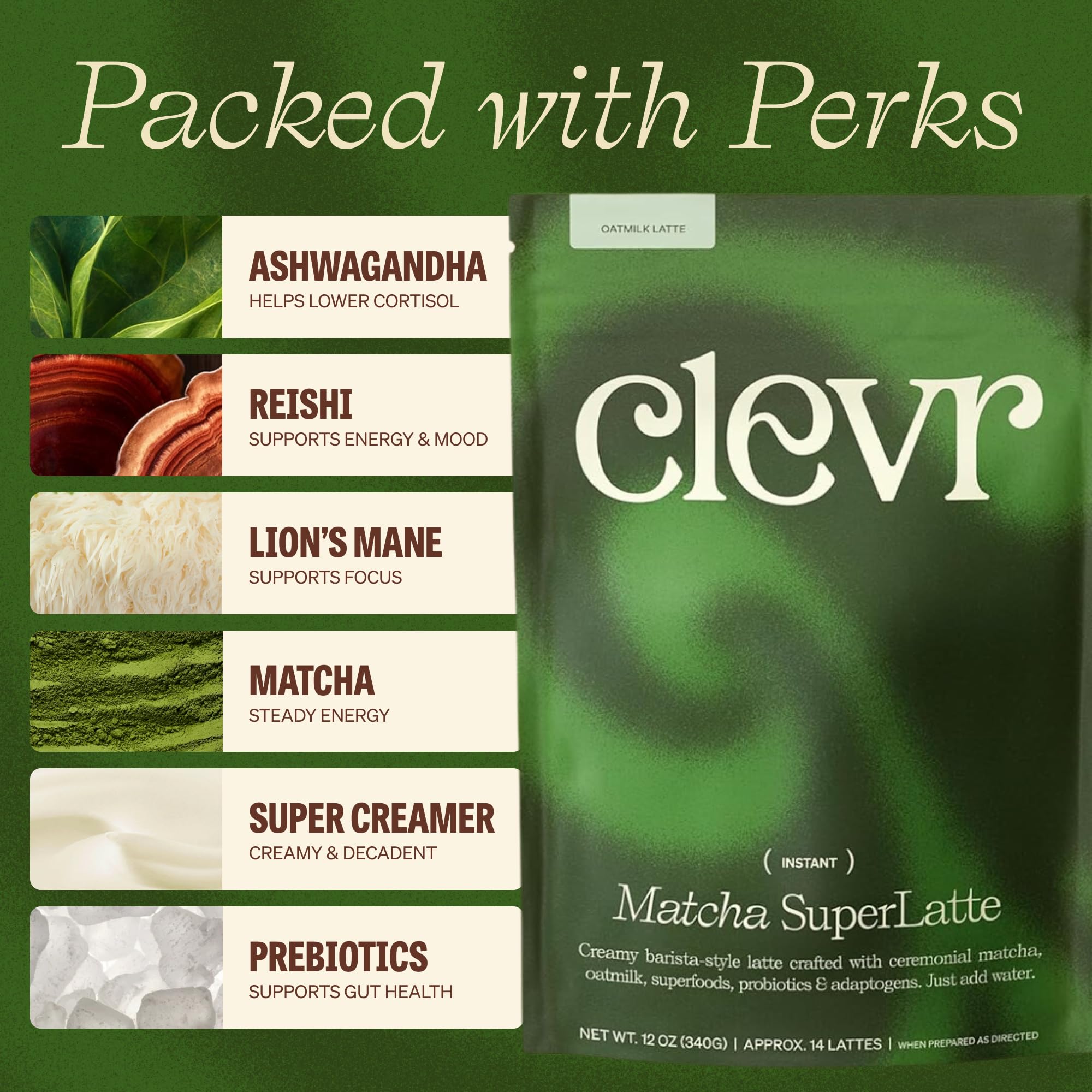 Clevr Matcha SuperLatte, Instant Ceremonial Grade, Superfood Powder Blend with Lions Mane, Reishi Mushroom, Coconut Cream, Ashwagandha, Serve Hot or