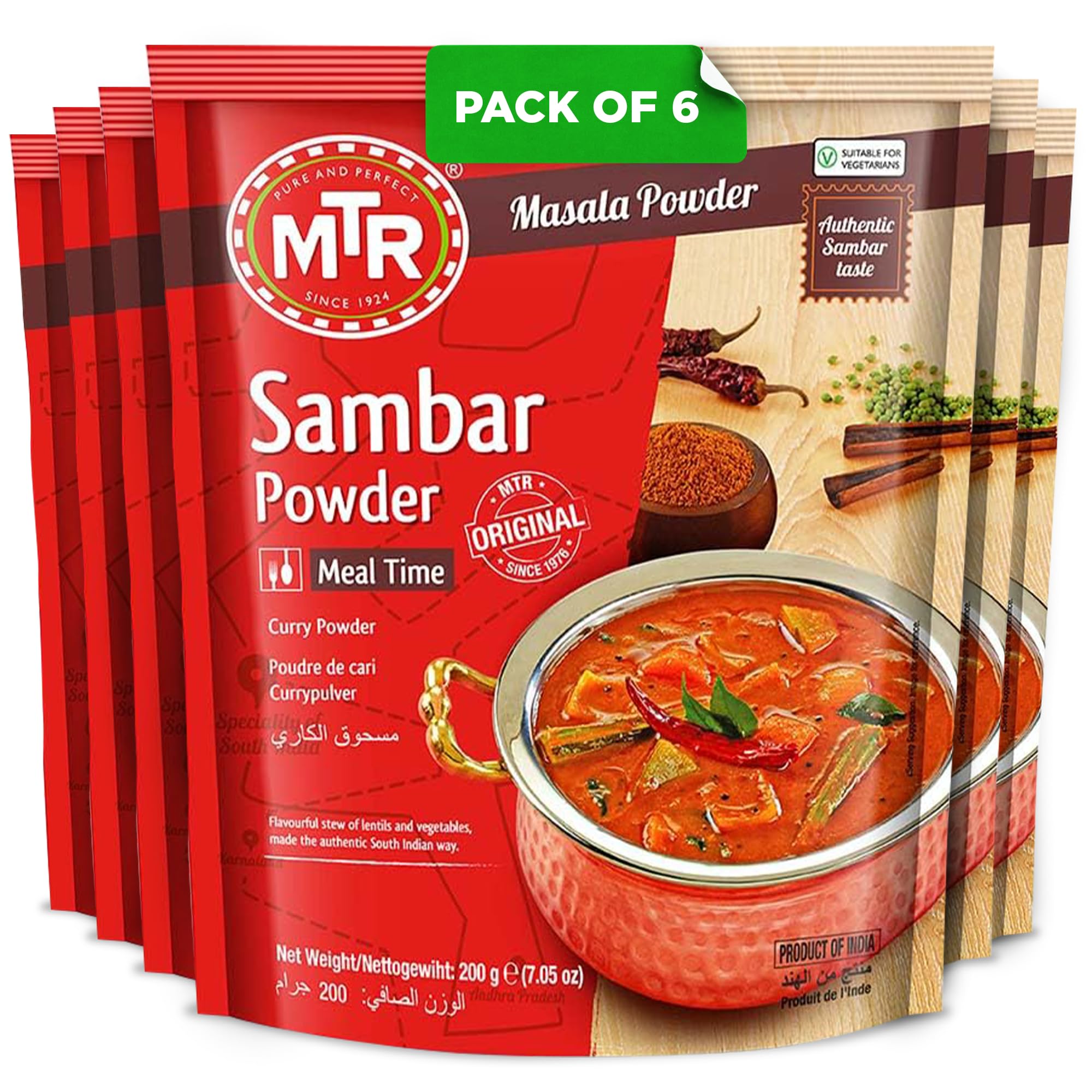 MTR Indian Spices Masala Sambar Powder - Indian Curry, Sambar Broth, 6 Pack