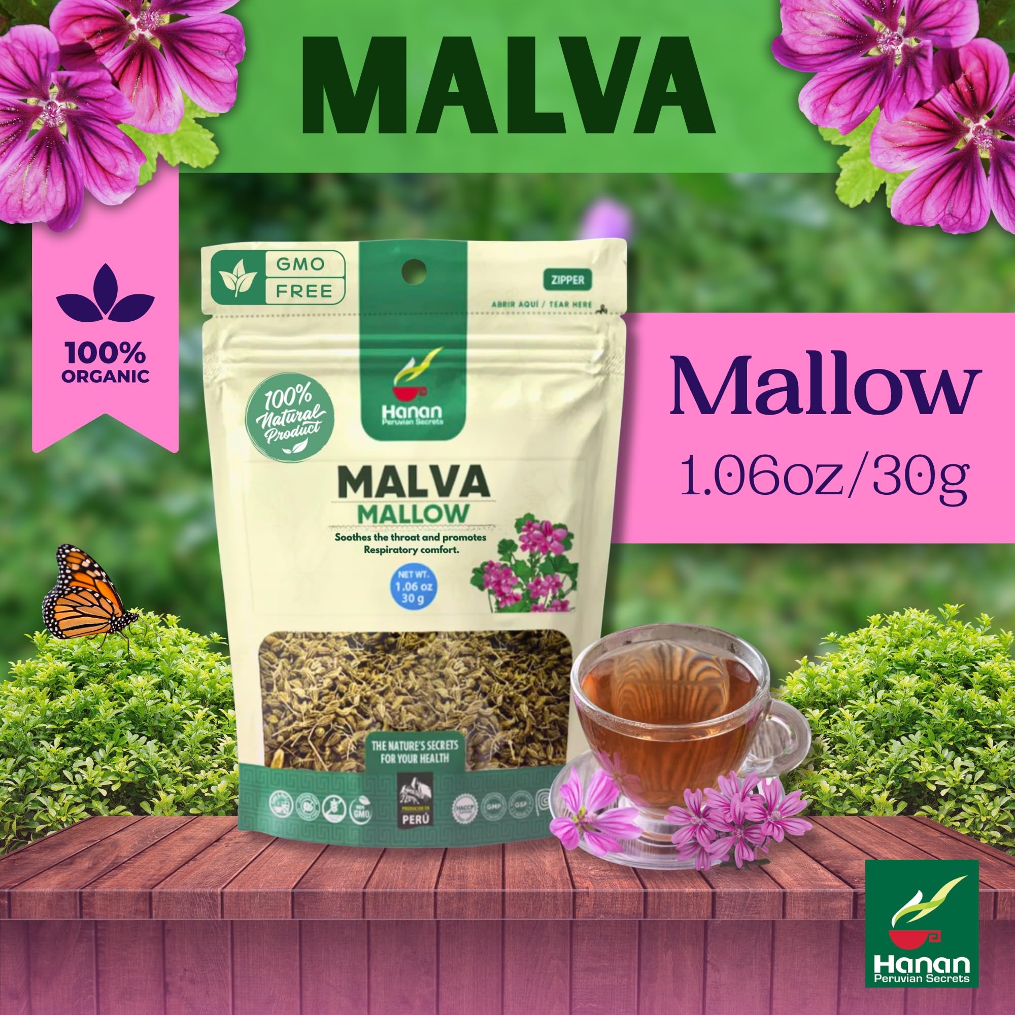 Hanan Mallow Tea Loose Leaf - Te de Malva 30g Herbal Tea Dried Malva Sylvestris Plant Leaves from Peru 1.1oz