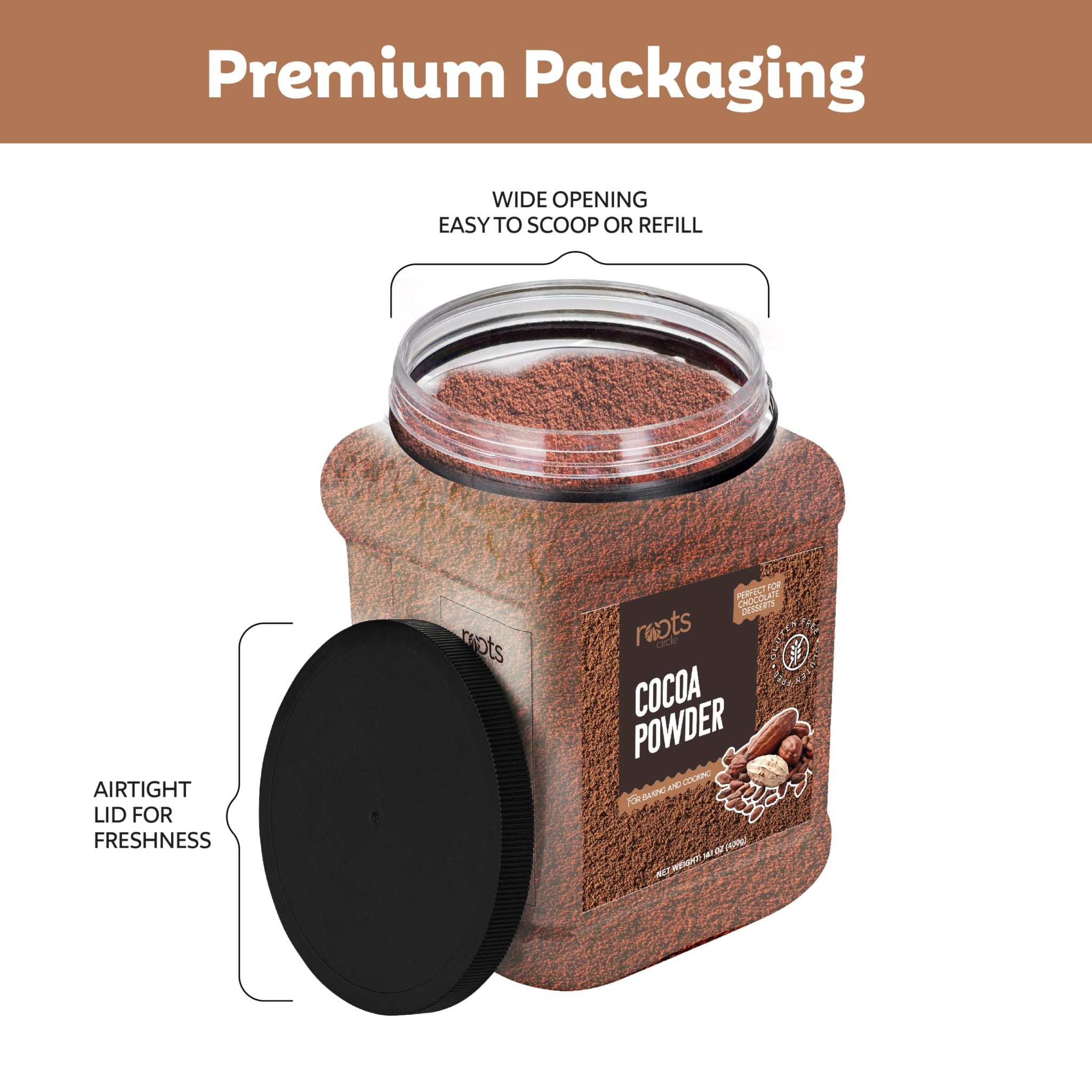 Roots Circle Unsweetened Cocoa Powder | Rich Dark Chocolate Flavor, Perfect for Baking, Smoothies, and Hot Cocoa | Premium Quality, Easy Mixing, Gluten-Free, Kosher | Bulk 1 Pack of 14oz