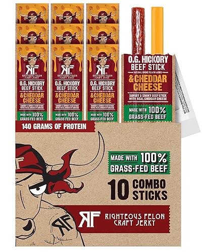 Righteous Felon O.G. Hickory Beef & Cheddar Cheese Sticks, 14g Protein, Shelf Stable Meat and Cheese Snack, 100% Grass-Feed Beef, Individually Wrapped