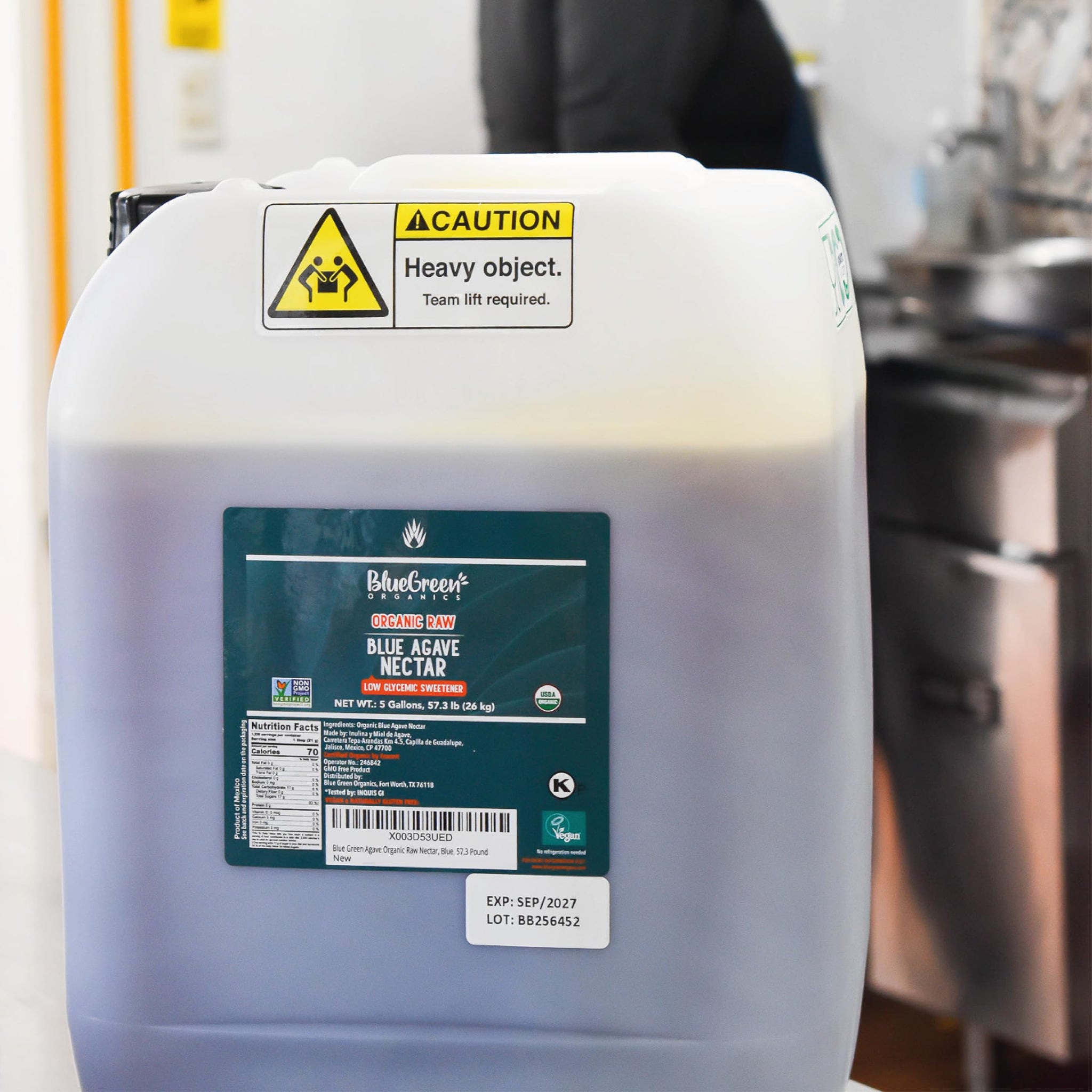 BLUE GREEN ORGANICS 57.3 lb Raw Blue Agave , 5 Gallon Bulk Organic Sweetener , Low Glycemic Index Sugar Alternative for Coffee, Tea & Smoothies