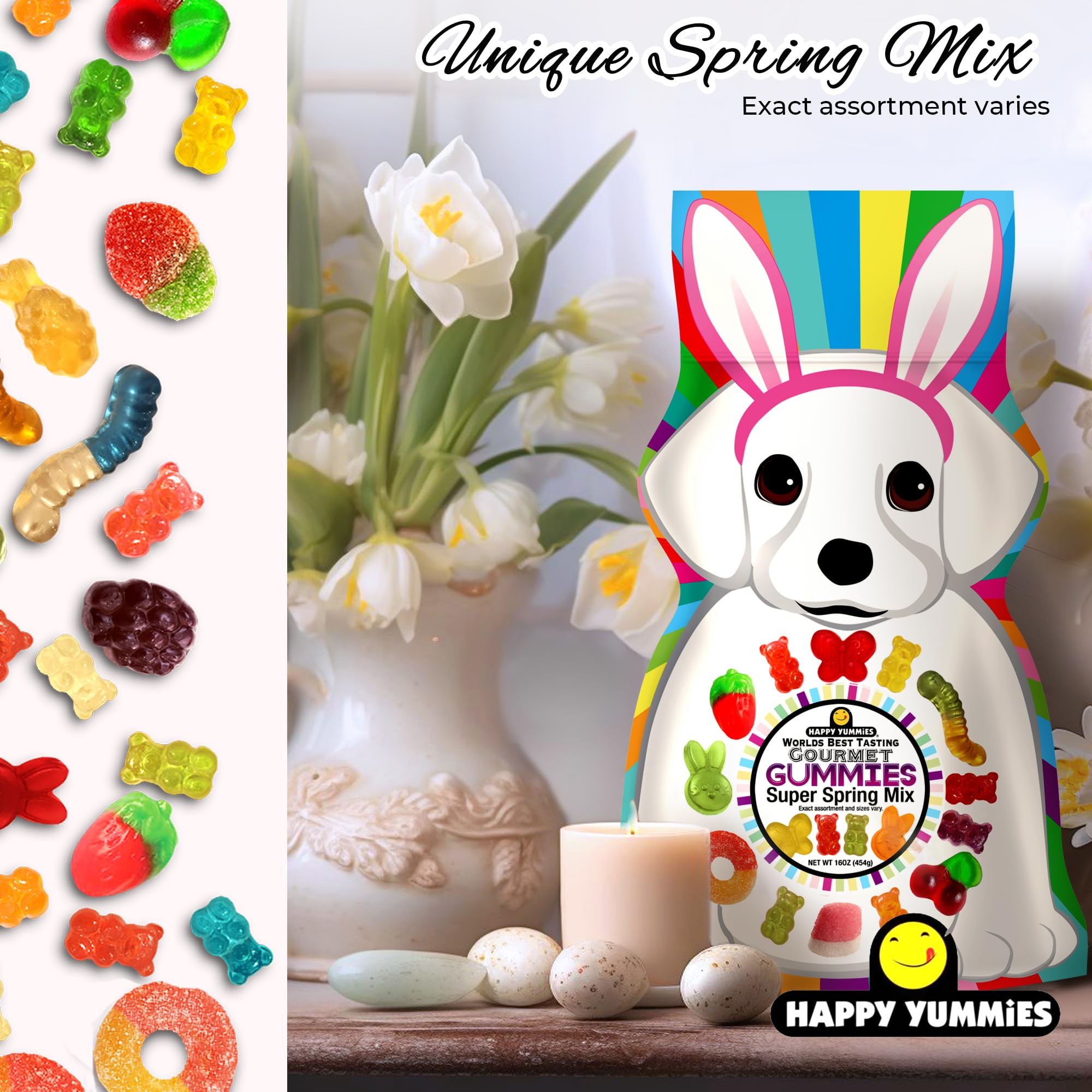 Happy Yummies Gummies, Adorable Gourmet Gummies in a Puppy Shaped Bag - Delicious Assorted Flavors Candy Snacks for Spring Celebrations, Perfect