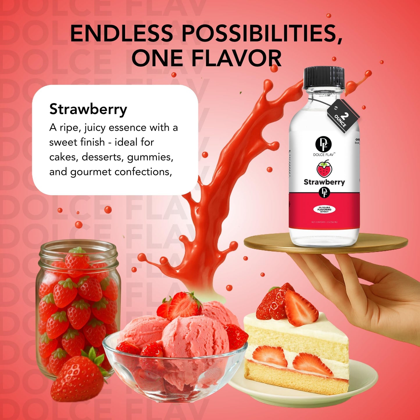 Dolce Flav Strawberry Extract - 2 Ounce Oil-Soluble Kosher, Sugar-Free, Concentrated Berry Flavor for Candy, Chocolates & Desserts, Includes Measured