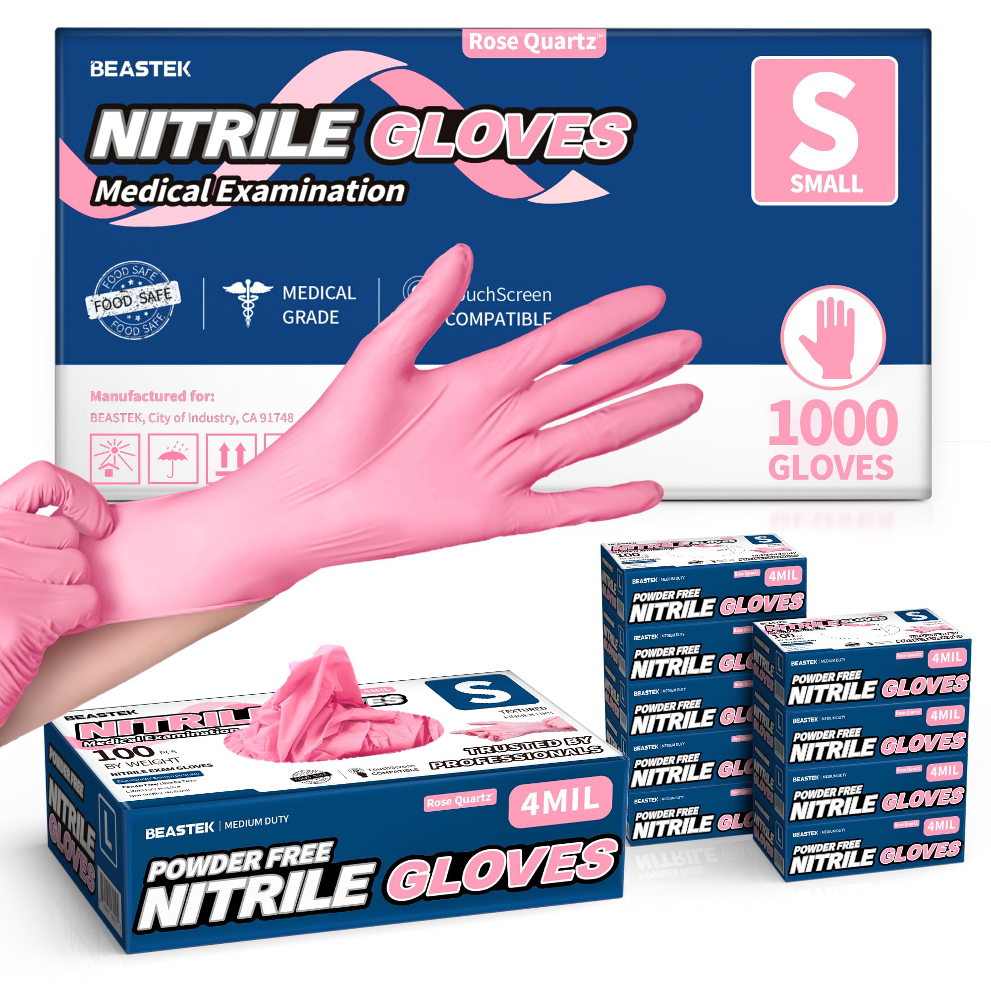 Beastek Nitrile Disposable Gloves, 4 mil Powder-Free Latex-Free Medical Food Grade Cleaning Esthetician Glove, 1000 Pcs (Small)