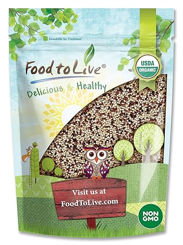 Food to Live Organic Tri-Color Quinoa, 3 Pounds - Non-GMO, Blend of White, Black, and Red Quinoa, Whole Grain, Raw Seeds, Non-Irradiated, Kosher, Vegan, Sproutable, Sirtfood, Bulk, Rice Replacement.