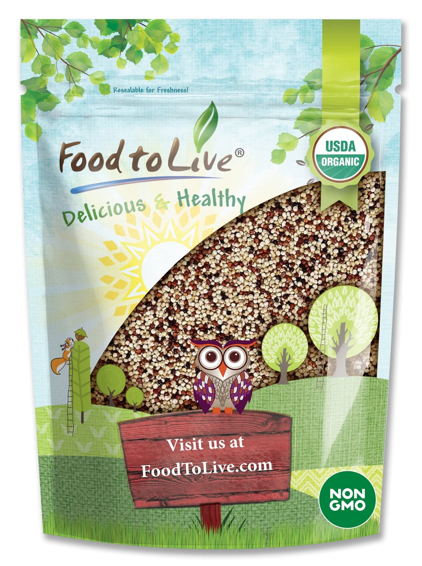 Food to Live Organic Tri-Color Quinoa, 3 Pounds - Non-GMO, Blend of White, Black, and Red Quinoa, Whole Grain, Raw Seeds, Non-Irradiated, Kosher, Vegan, Sproutable, Sirtfood, Bulk, Rice Replacement.