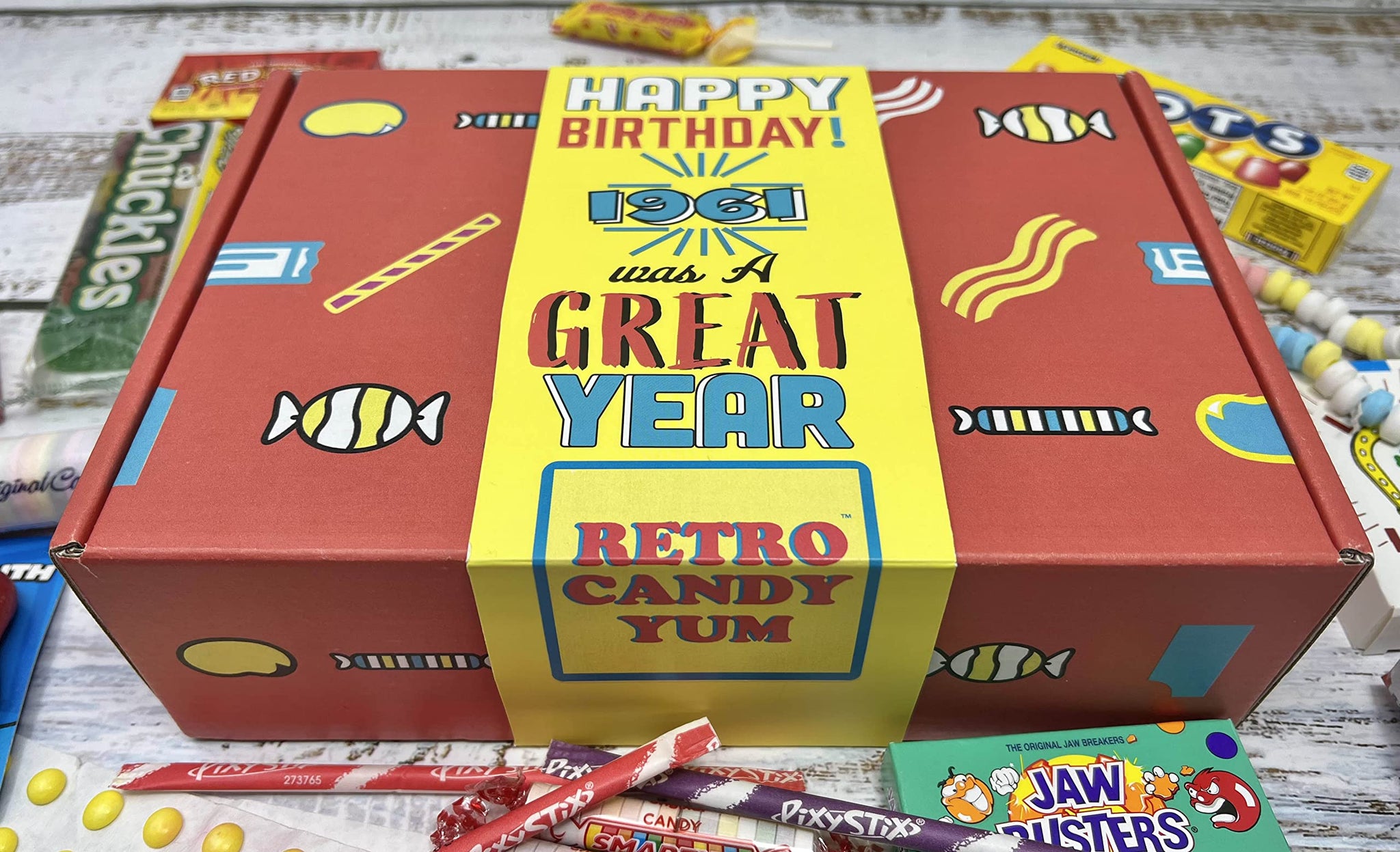 RETRO CANDY YUM ~ 1961 65th Birthday Gift Box Nostalgic Candy Mix from Childhood for 65 Year Old Woman or Man Born 1961 Jr