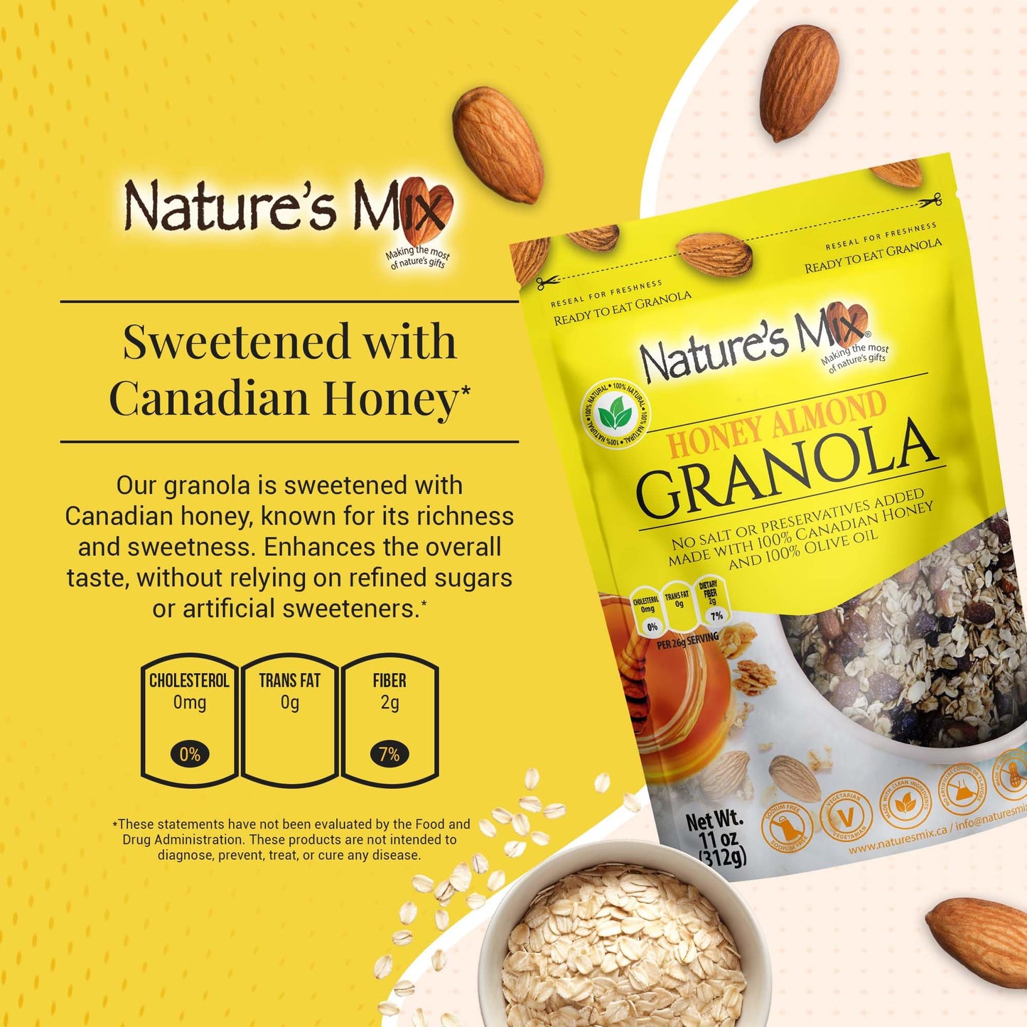 Nature's Mix - Honey Almond Granola - Almonds, Raisins, Dried Currants - Sweetened with Canadian Honey - No Sugar, Salt, or Preservatives - Small