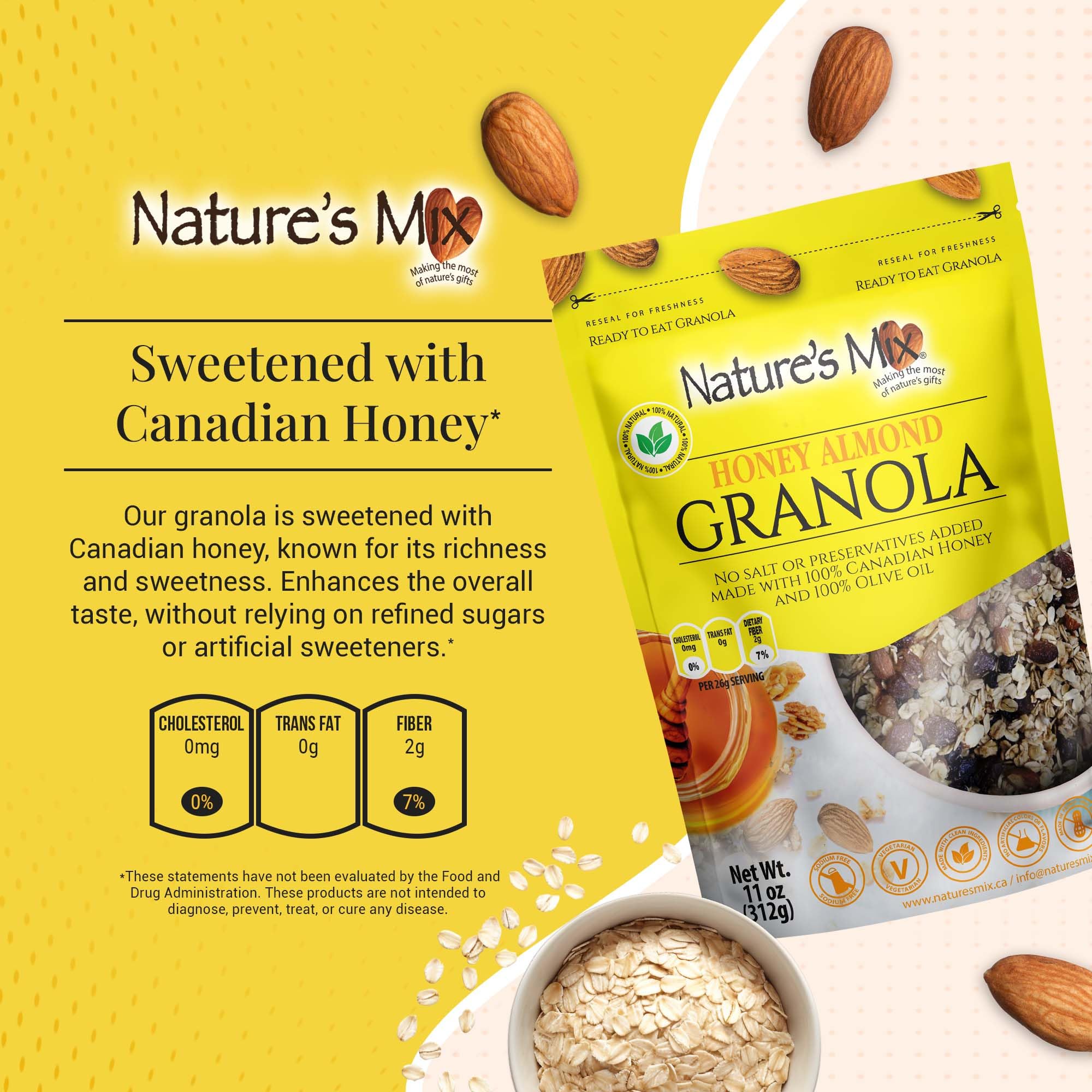 Nature's Mix - Honey Almond Granola - Almonds, Raisins, Dried Currants - Sweetened with Canadian Honey - No Sugar, Salt, or Preservatives - Small