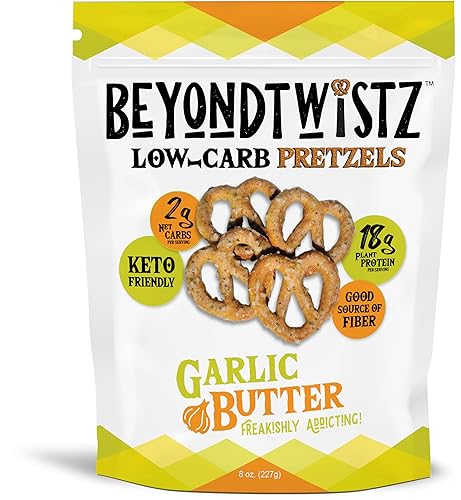 BeyondTwistz Low Carb Pretzels, Garlic Butter, Keto Friendly, 2g Net Carbs, 18g Protein, Powered By HealthSense® High Fiber Wheat Flour, Family Size