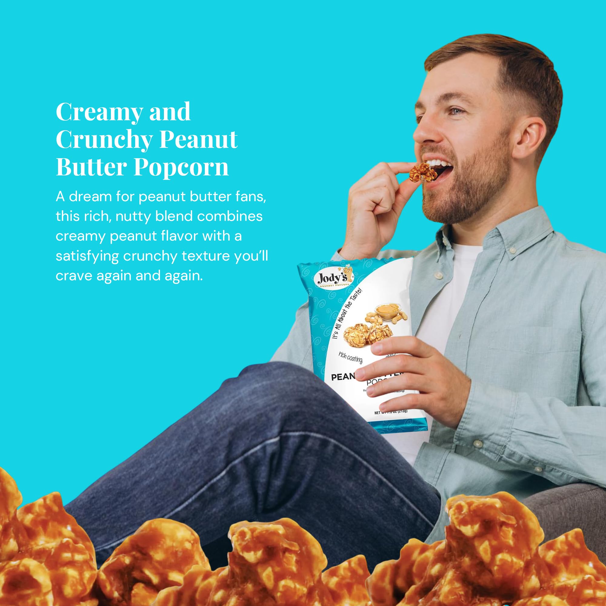Jody’s Peanut Butter Popcorn 2-Pack Bundle | Gourmet Sweet & Nutty Snack Bags | 7.5oz Each | Crunchy Coated Kernels with Creamy Peanut Flavor |