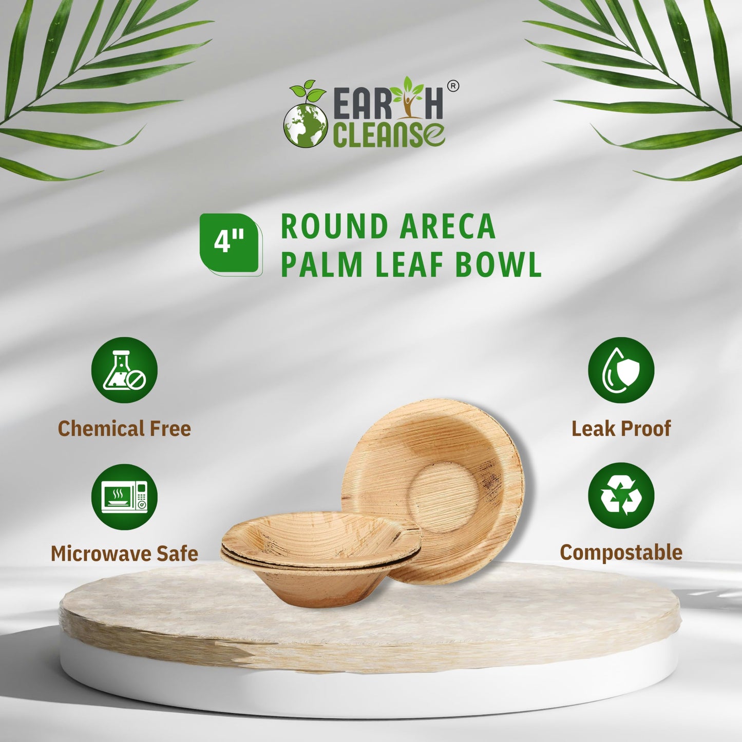 Earth Cleanse Palm Leaf Bowls 4 Inch Round 25 Pack - Disposable Bowls, Heavy Duty, Plastic Free, Compostable Dinnerware for Snacks, Desserts, Dips