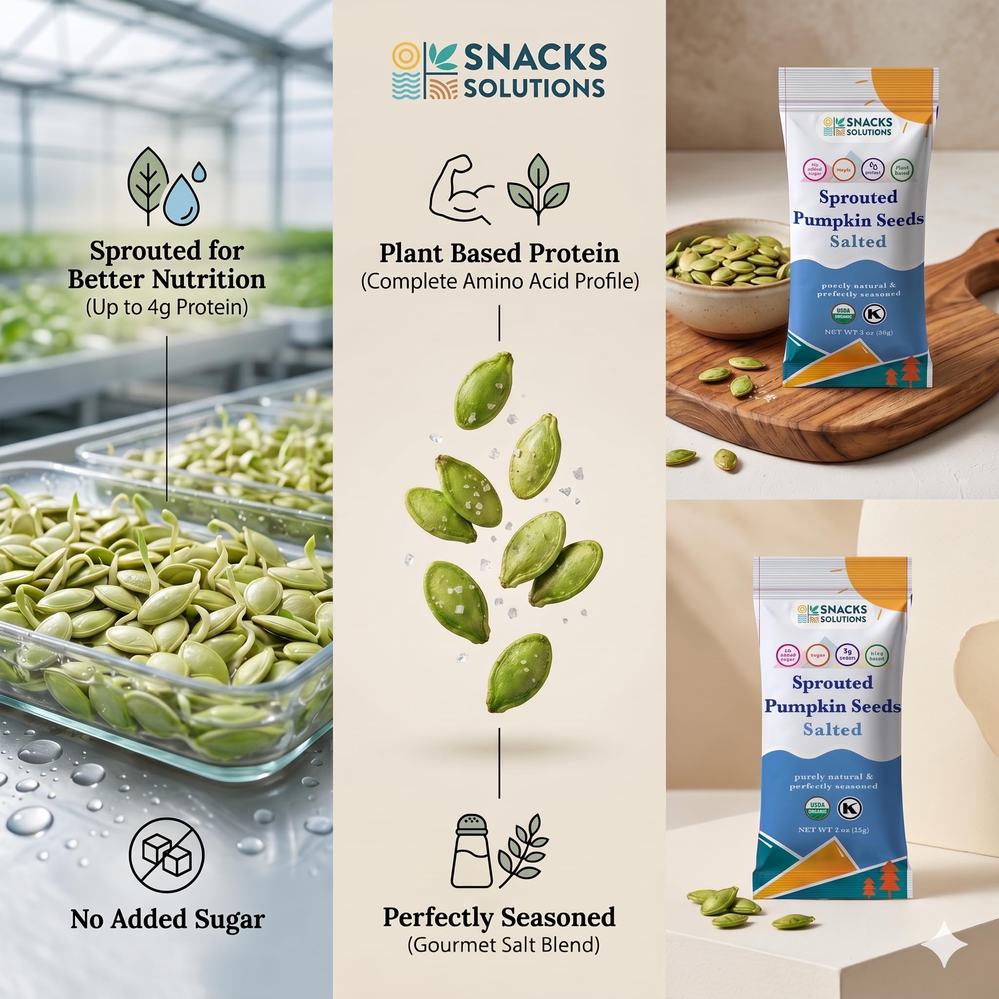 Snacks Solutions Sprouted Pumpkin Seeds-(2 oz - Pack of 8) USDA Organic, Kosher Certified, High Protein, Zinc & Magnesium - Crunchy Germinated Pepitas