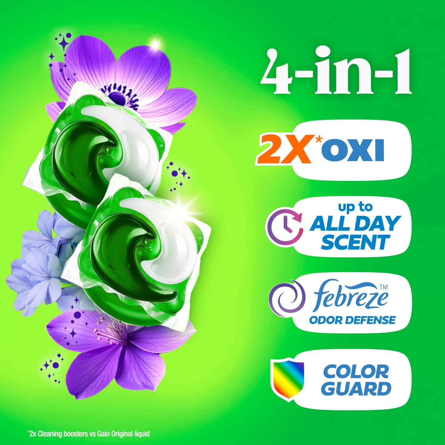 Gain Flings Laundry Detergent Pods Odor Defense + Color Guard, Moonlight Breeze Scent, 3 in 1 HE Detergent Pacs with Oxi Boost and Febreeze, 112 Count