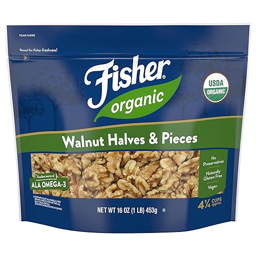 Fisher Organic Walnut Halves & Pieces 16 oz, USDA Certified Organic Nuts, Unsalted California Grown, Non-GMO, No Preservatives, Walnuts for Baking