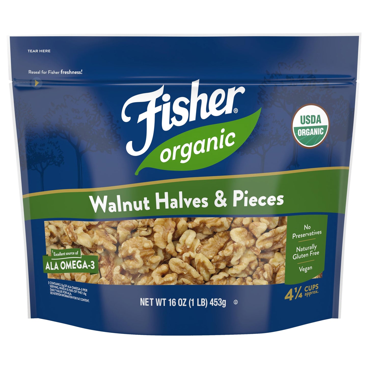 Fisher Organic Walnut Halves & Pieces 16 oz, USDA Certified Organic Nuts, Unsalted California Grown, Non-GMO, No Preservatives, Walnuts for Baking