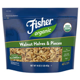 Fisher Organic Walnut Halves & Pieces 16 oz, USDA Certified Organic Nuts, Unsalted California Grown, Non-GMO, No Preservatives, Walnuts for Baking