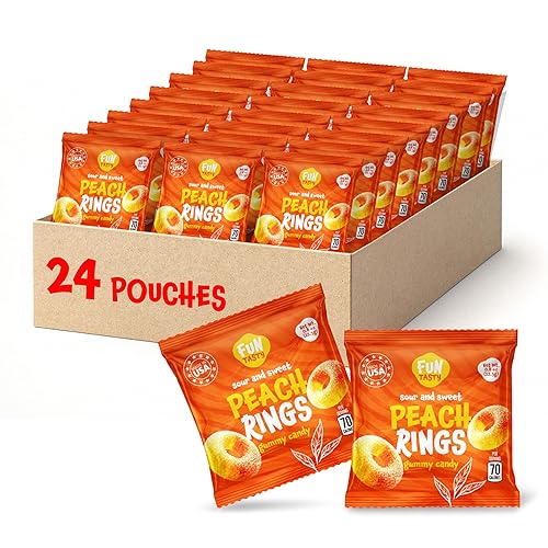 Peach Rings - 24 Packs - Peach Gummy Candies Individually Wrapped - Sweet and Sour Candy for Classroom, Snacking, Gifting, and Goodie Bags - Soft