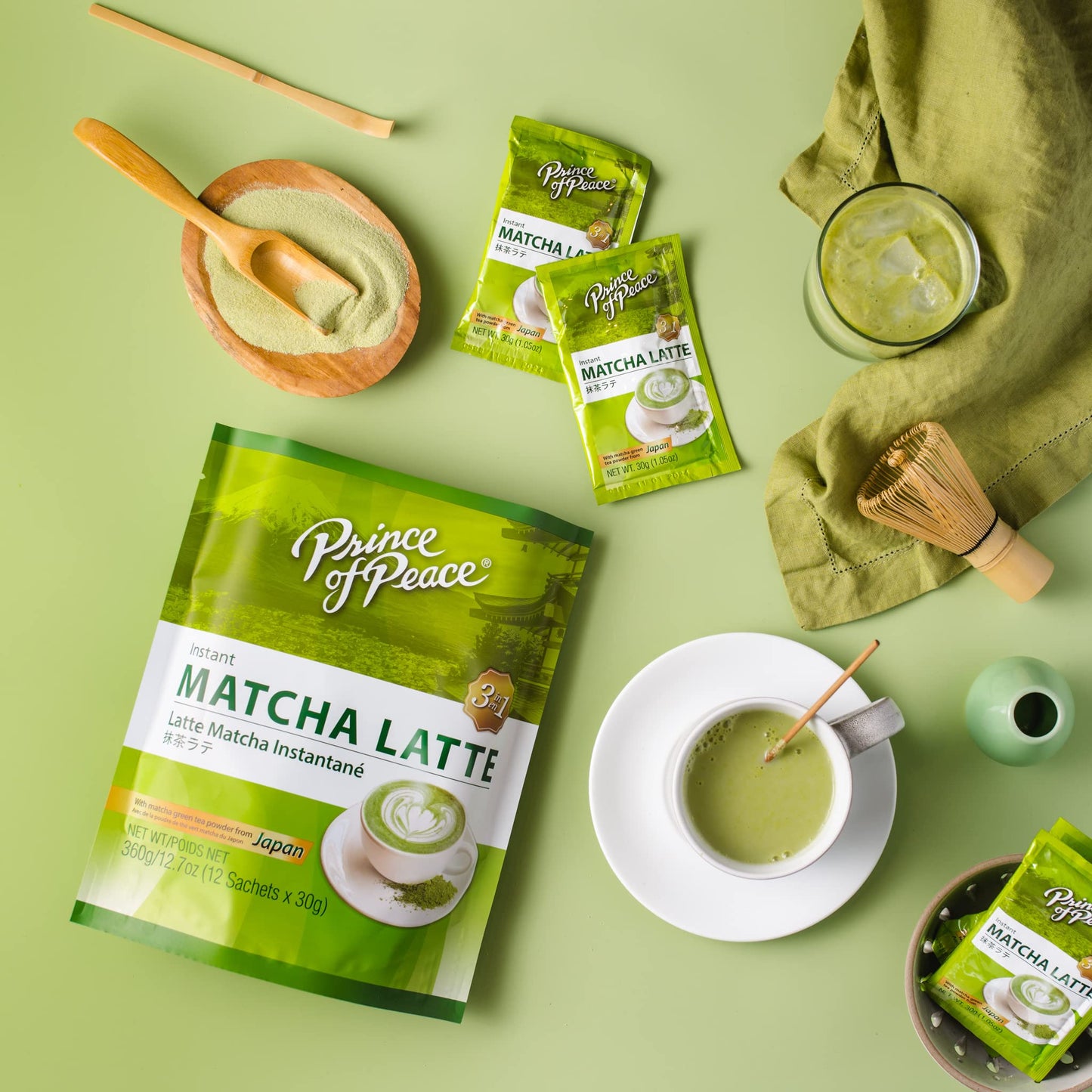 Prince of Peace 3 in 1 Matcha Latte Instant Beverage, 24 Sachets - Made with Matcha Powder from Japan - Instant Hot or Cold Beverage - Easy to Brew