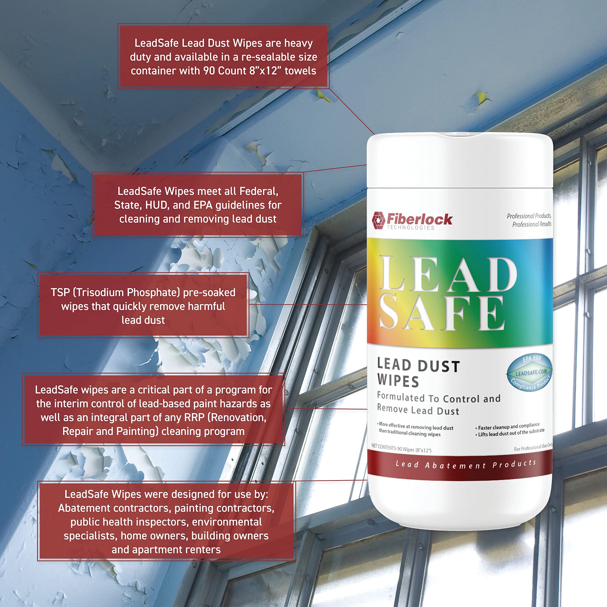Fiberlock LeadSafe Dust Wipes, 90 Count, Controls & Removes Lead Dust, Ideal for Use Before & After Any Lead Abatement Project, Control Lead-Based