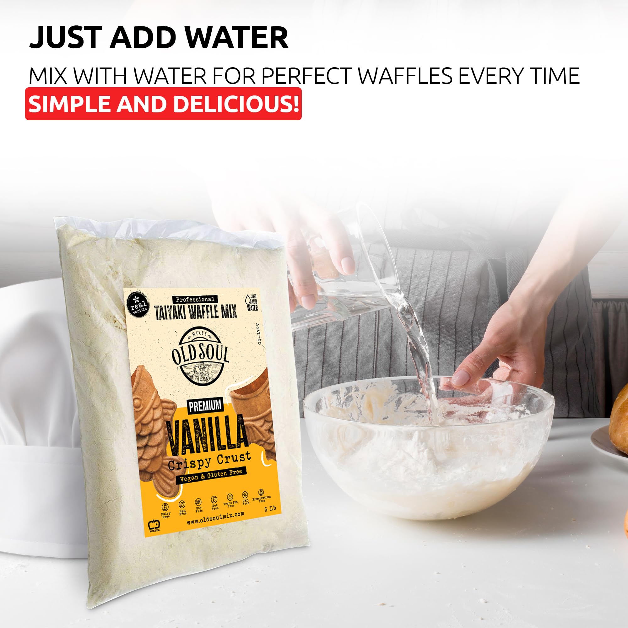 OldSoul Professional Taiyaki Waffle Mix | GLUTEN FREE & VEGAN | Crispy | Vanilla Flavor | 10 Lbs | 168 Waffles (10 Lbs, Gluten Free & Vegan)
