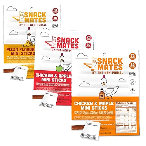 Snack Mates by New Primal Sampler Three Flavor Pack, Mini Chicken Sticks, High Protein and Low Sugar Kids Snack, Certified Gluten Free, Soy Free