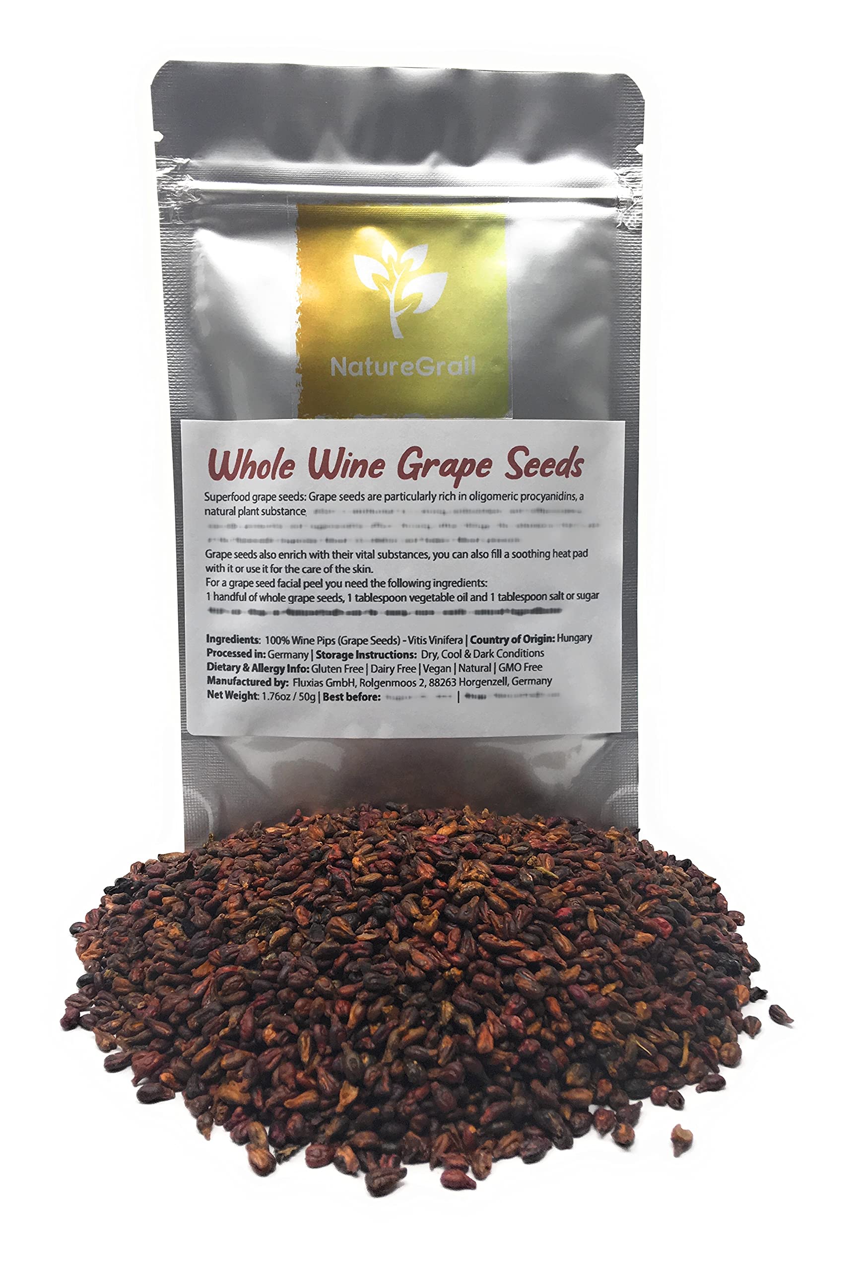 Whole Wine Grape Seeds - Ingredients: 100% Wine Pips - Vitis Vinifera - Kosher, Halal, Natural - Net Weight: 1.76oz / 50g