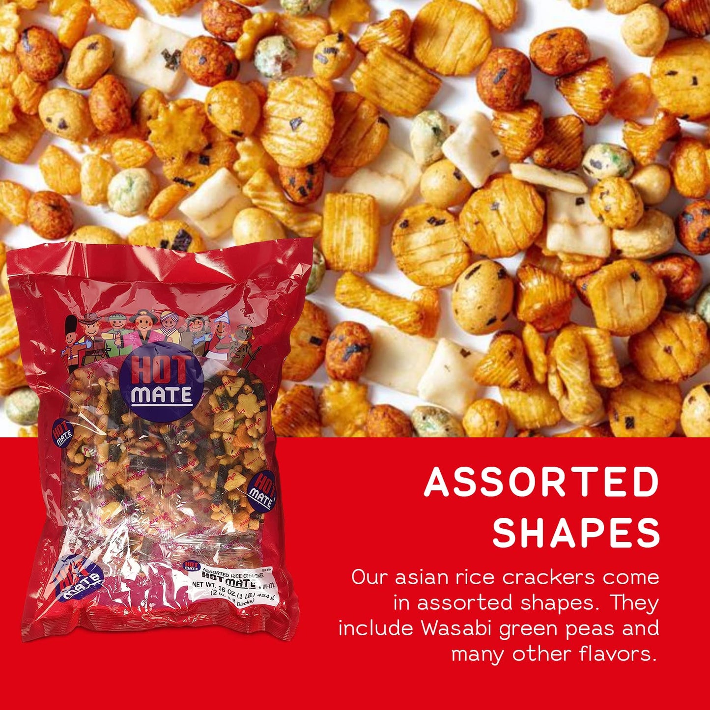 Shirakiku Hot Mate Japanese Rice Cracker | Oriental Asian Arare Rice Crackers with Glutinous Rice, Wasabi Green Peas, and Soy Sauce | Mixed Flavor, 16