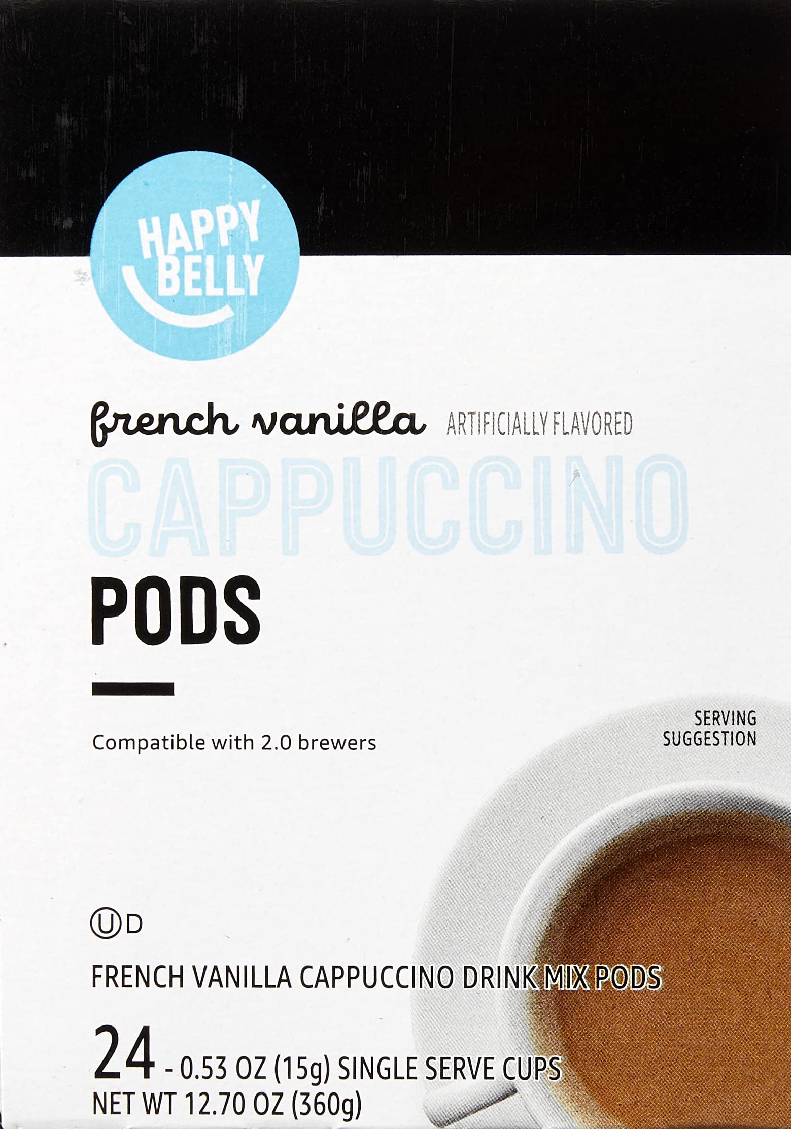Happy Belly Cappuccino Coffee Pods Light Roast Compatible with 2.0 K-Cup Brewers, French Vanilla Flavored, 24 Count, 12.7 Ounce
