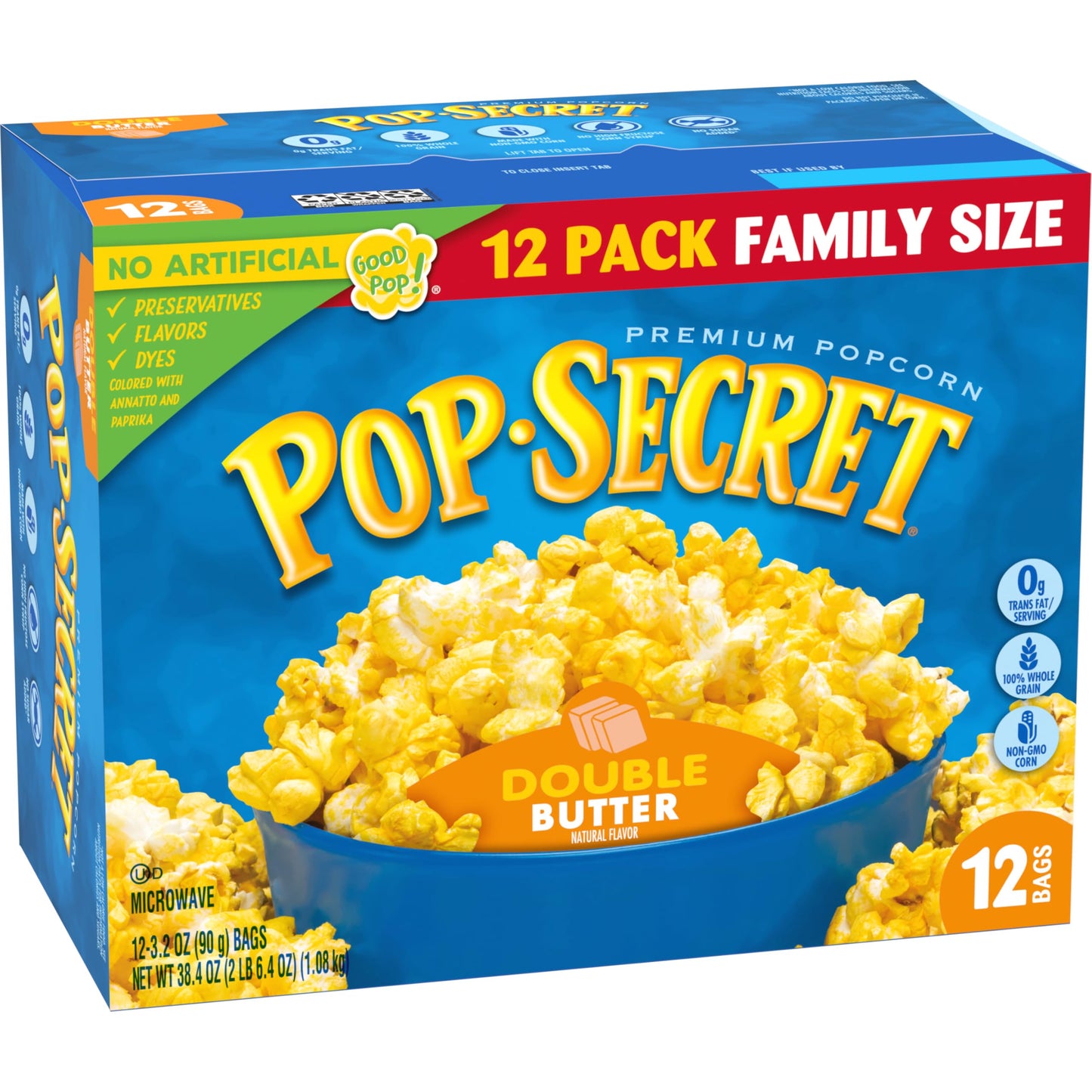Pop Secret Double Butter Microwave Popcorn 12ct (3.2oz Bags), 38.4oz Box (Pack of 1) - Microwave Popcorn, Non-GMO Popcorn, Double Butter Blast