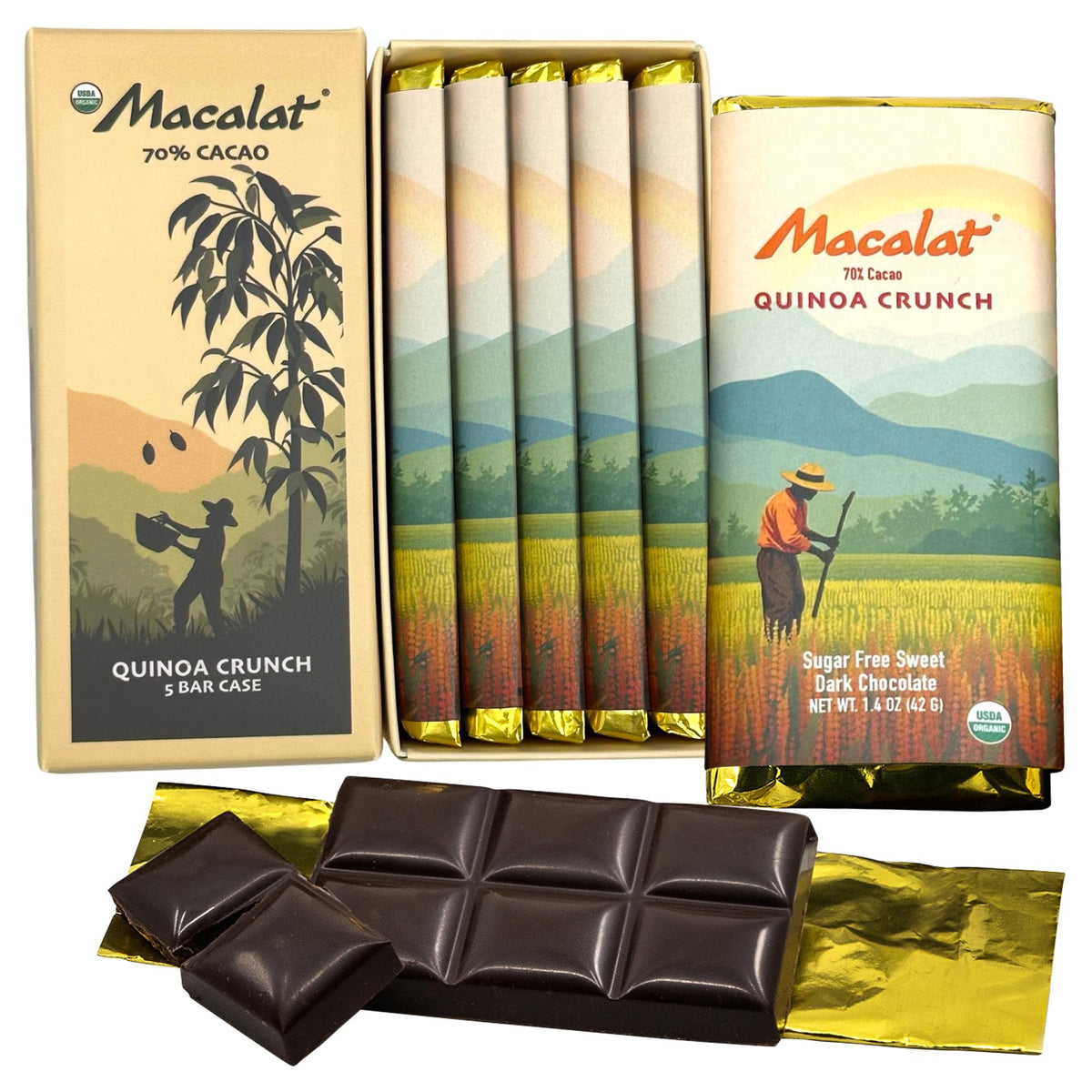 Macalat Organic Dark Chocolate Bar, Quinoa Crunch, Sugar Free Chocolate