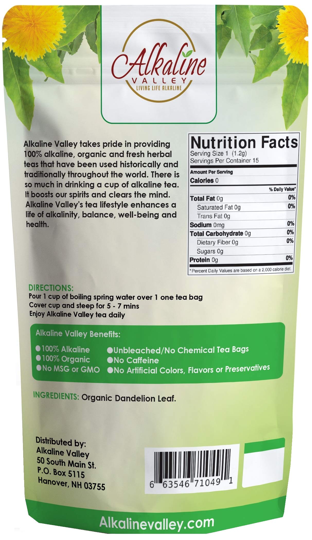 Dandelion Leaf Tea or Diente De Leon - 100% Organic and Alkaline - 15 Unbleached/Chemical-Free Dandelion Tea Bags - Caffeine-Free, No GMO