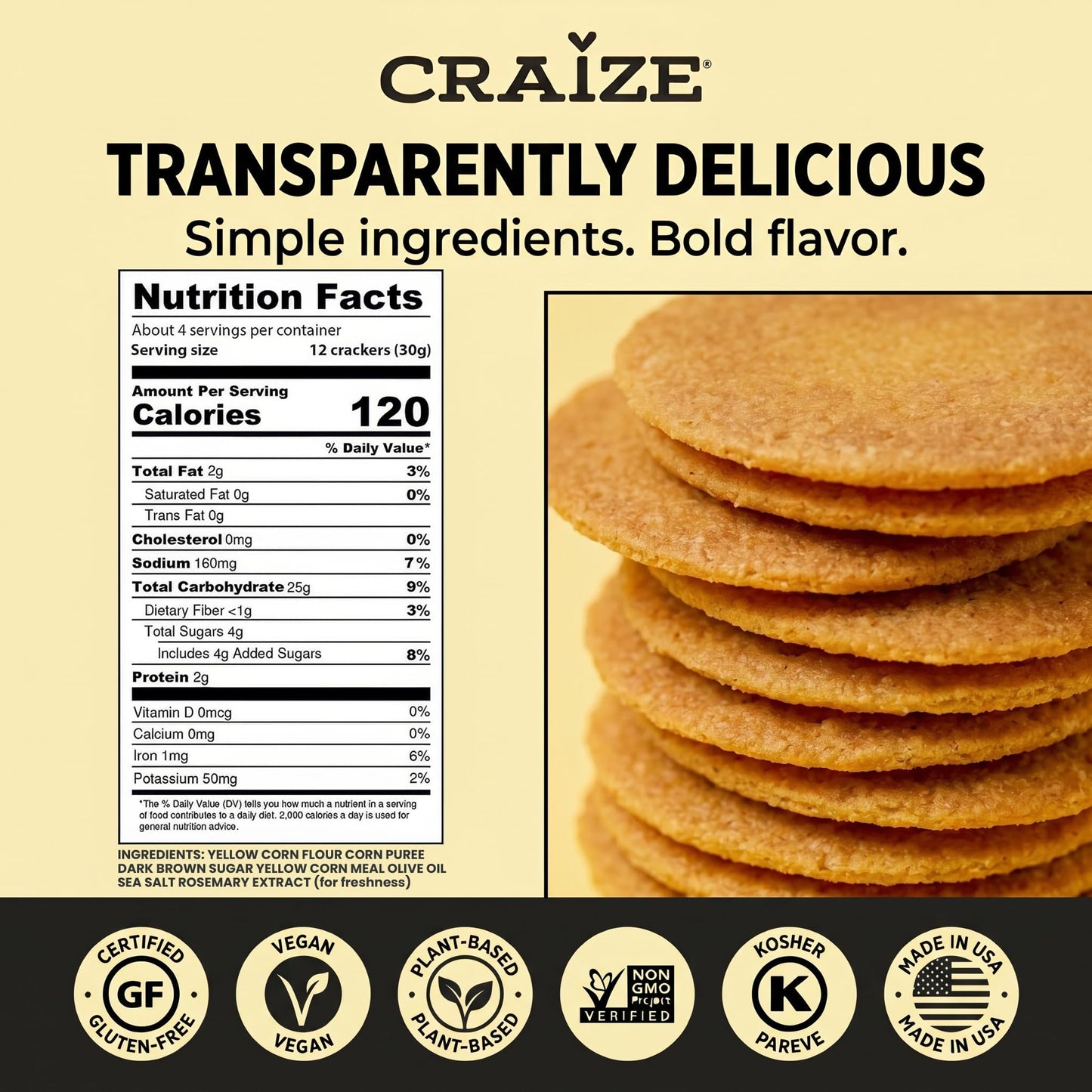 Craize Sweet Corn Crisps | Gluten Free, Vegan, Kosher, Toasted Corn Crackers | 4 oz each