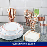 250 Count Rose Gold Disposable Plastic Dinnerware Set, 50 Rose Gold Plastic Plates, 25 Silverware, 25 Cups and Straws, 50 Napkins, Perfect for Wedding