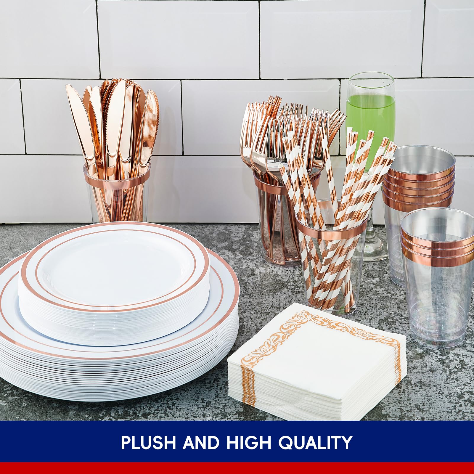250 Count Rose Gold Disposable Plastic Dinnerware Set, 50 Rose Gold Plastic Plates, 25 Silverware, 25 Cups and Straws, 50 Napkins, Perfect for Wedding