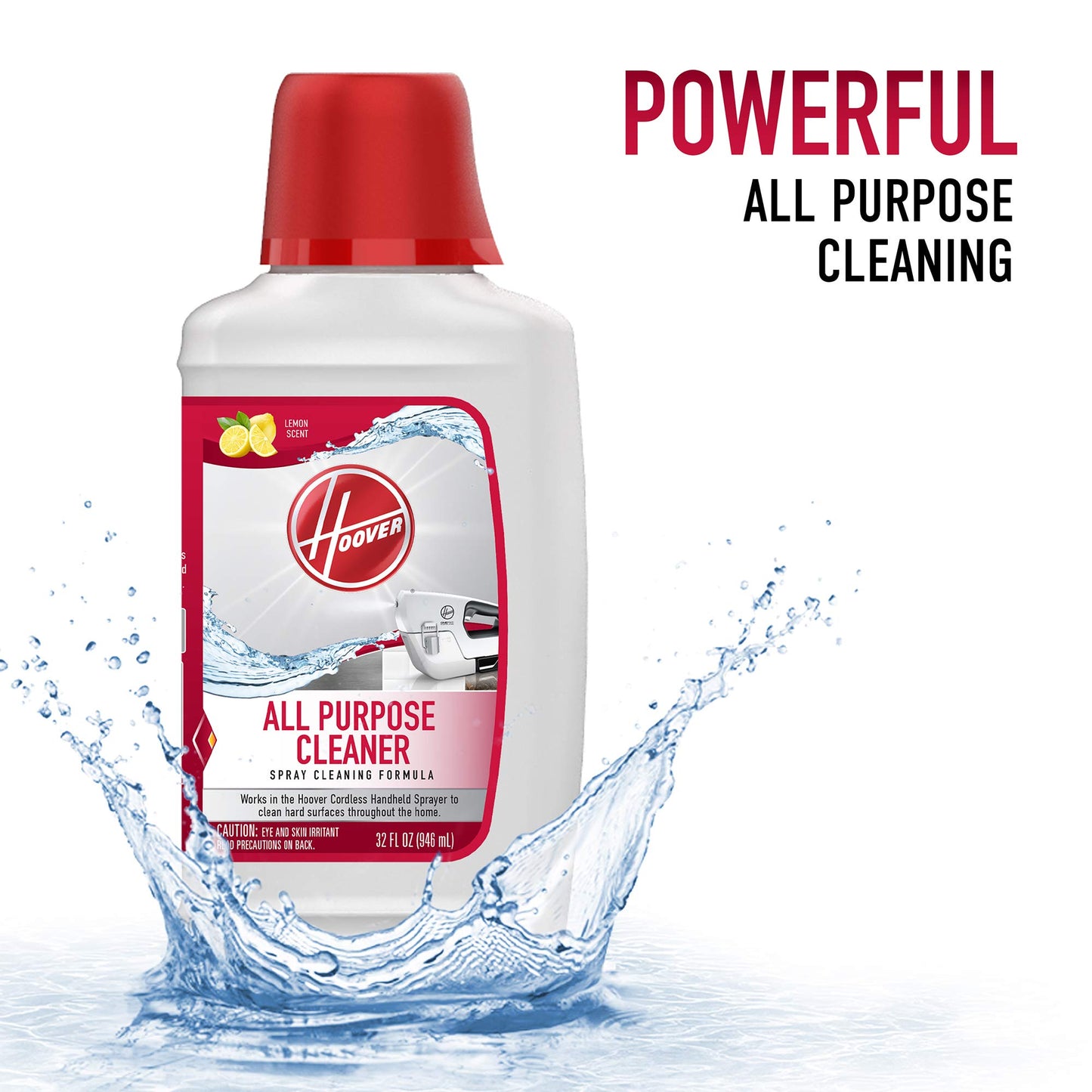 Hoover All Purpose Cleaner Solution, 32 oz., Lemon Scent, For Use on Hard Floors, Counters, Tubs and More, Formulated for Cordless Handheld Sprayer