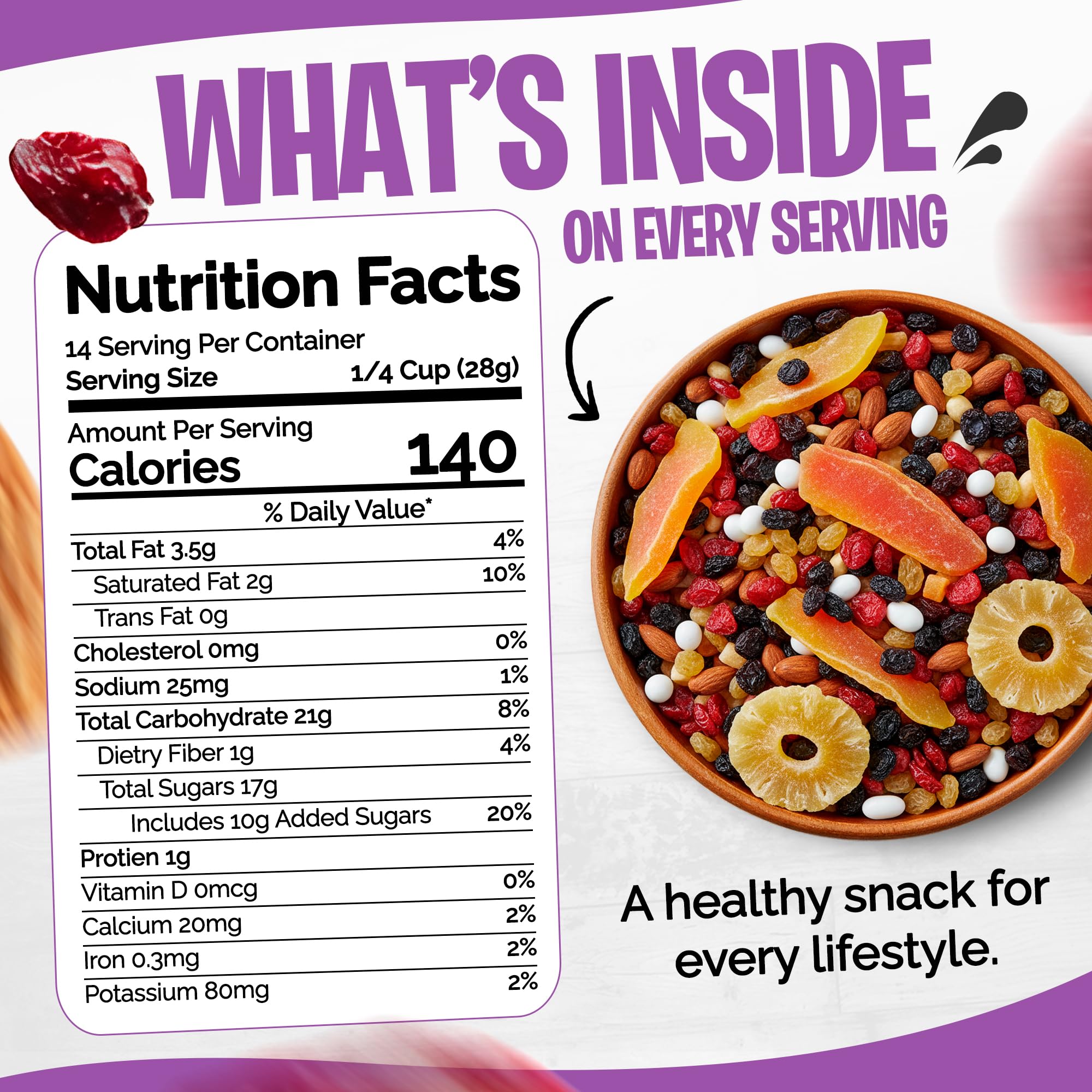 Tidbit Healthy Trail Mix Nuts Mix with Yogurt Cranberries, Yogurt Raisins, Dried Papaya, Pineapple, Banana Chips, Black Raisins & Almond - Tropical