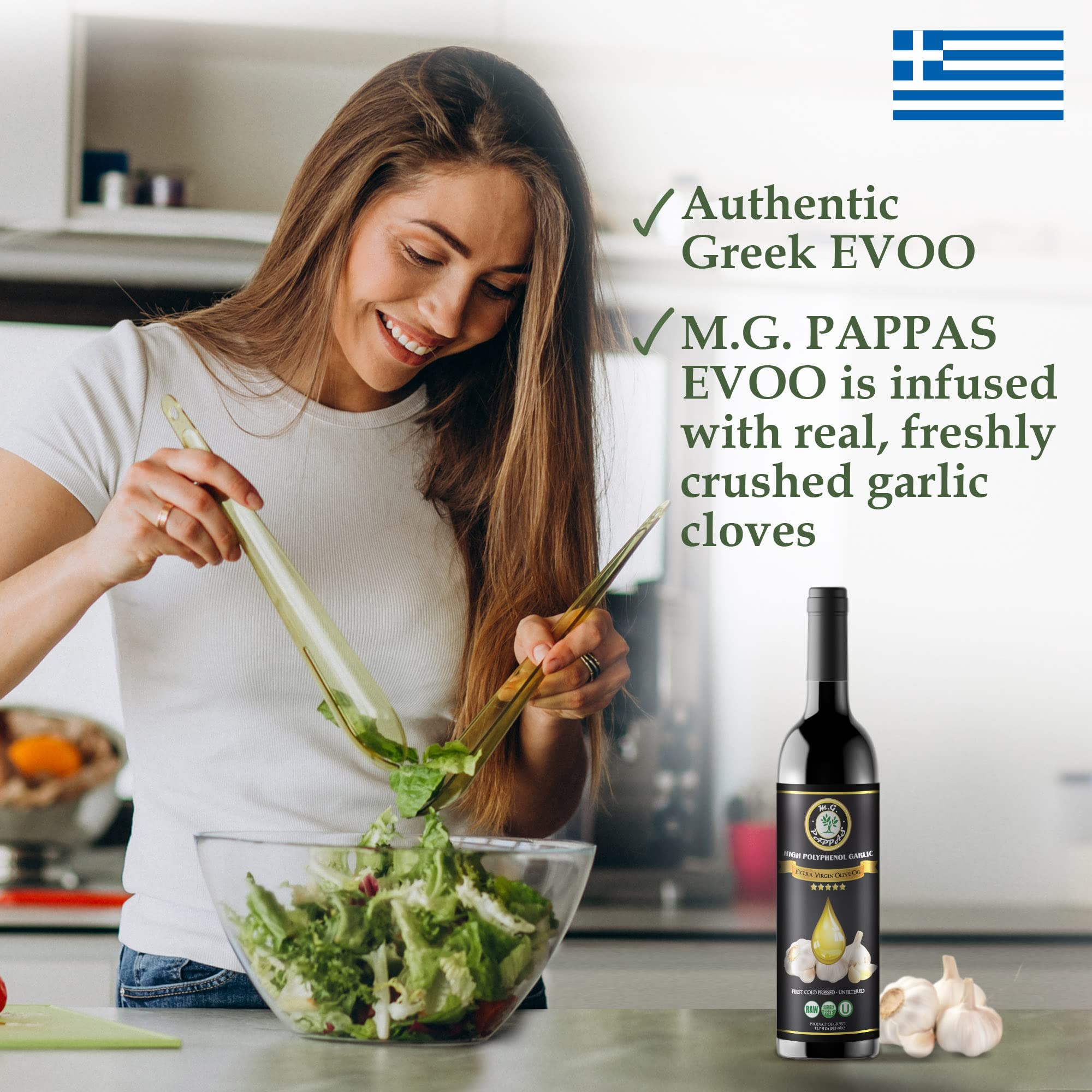 M.G. PAPPAS High Polyphenol Rich Garlic Infused Olive Oil - Extra Virgin Olive Oil - Over 500mg/kg - Cold Pressed & Unfiltered - High Hydroxytyrosol Greek Olive Oil - Award Winning