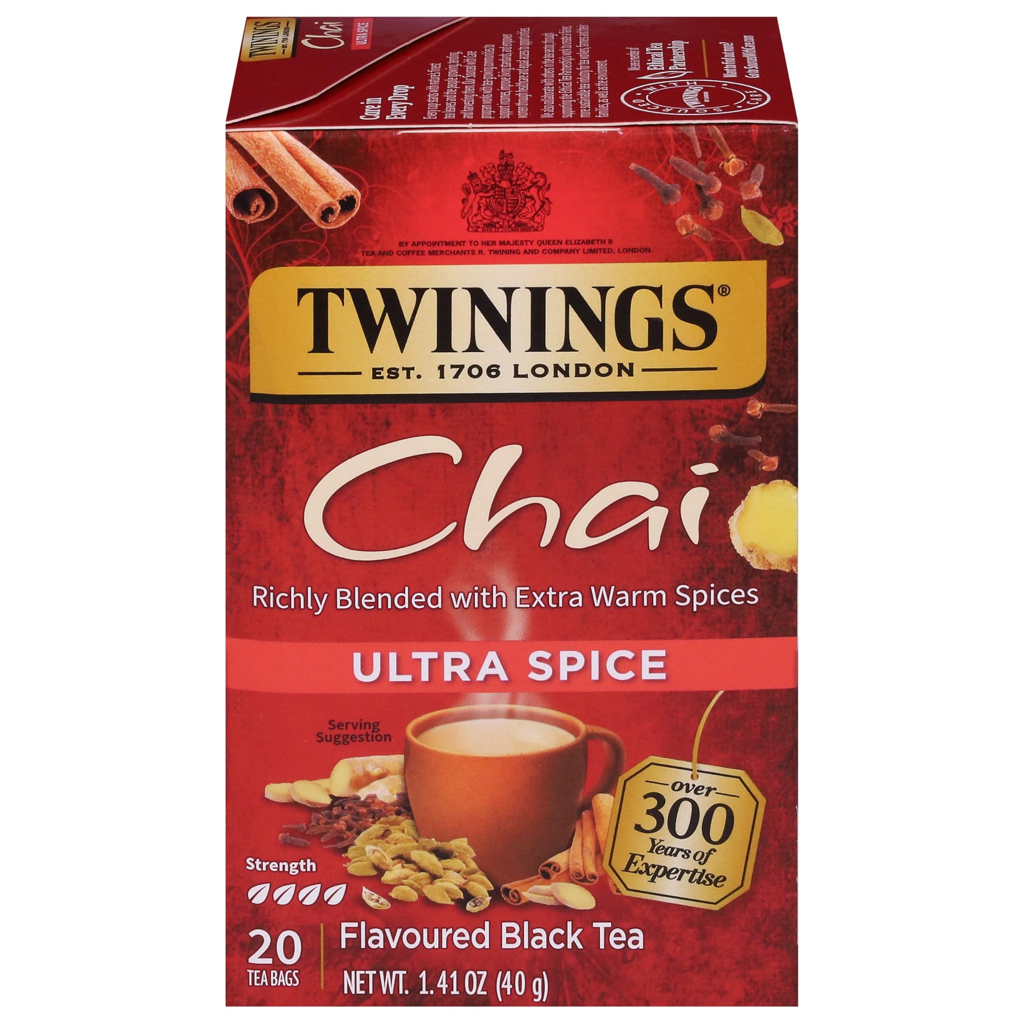Twinings Ultra Spice Chai Black Tea Individually Wrapped Bags, 20 Count (Pack of 1), Sweet, Savoury Spices, Caffeinated, Enjoy Hot or Iced, 20 Teabags