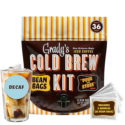 GRADY’S COLD BREW, New Orleans Style - DECAF, 100% Arabica Ground Coffee & Chicory Pouches, All-in-One Cold Brew Kit with 12 Easy-to-Brew Beans Bags
