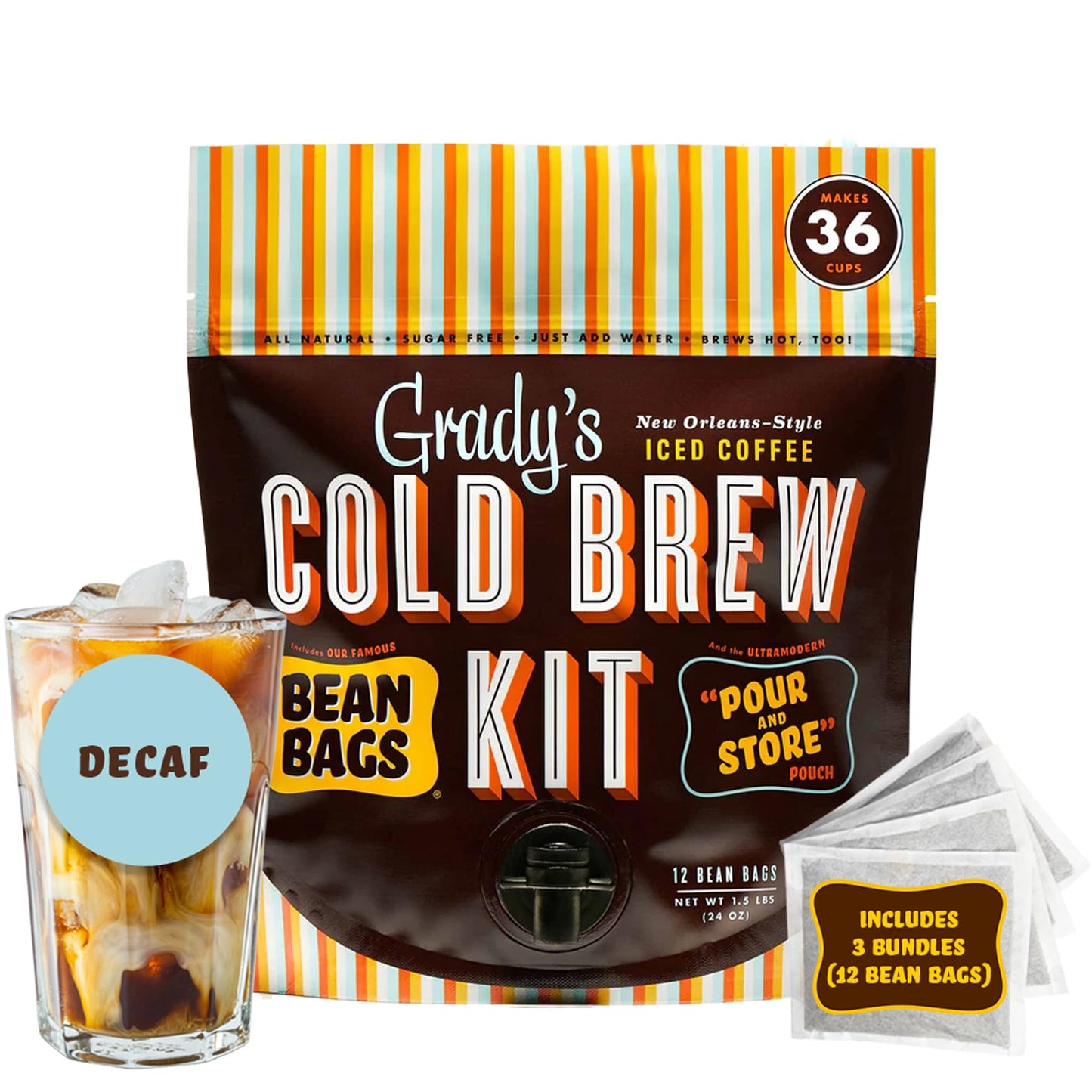 GRADY’S COLD BREW, New Orleans Style - DECAF, 100% Arabica Ground Coffee & Chicory Pouches, All-in-One Cold Brew Kit with 12 Easy-to-Brew Beans Bags