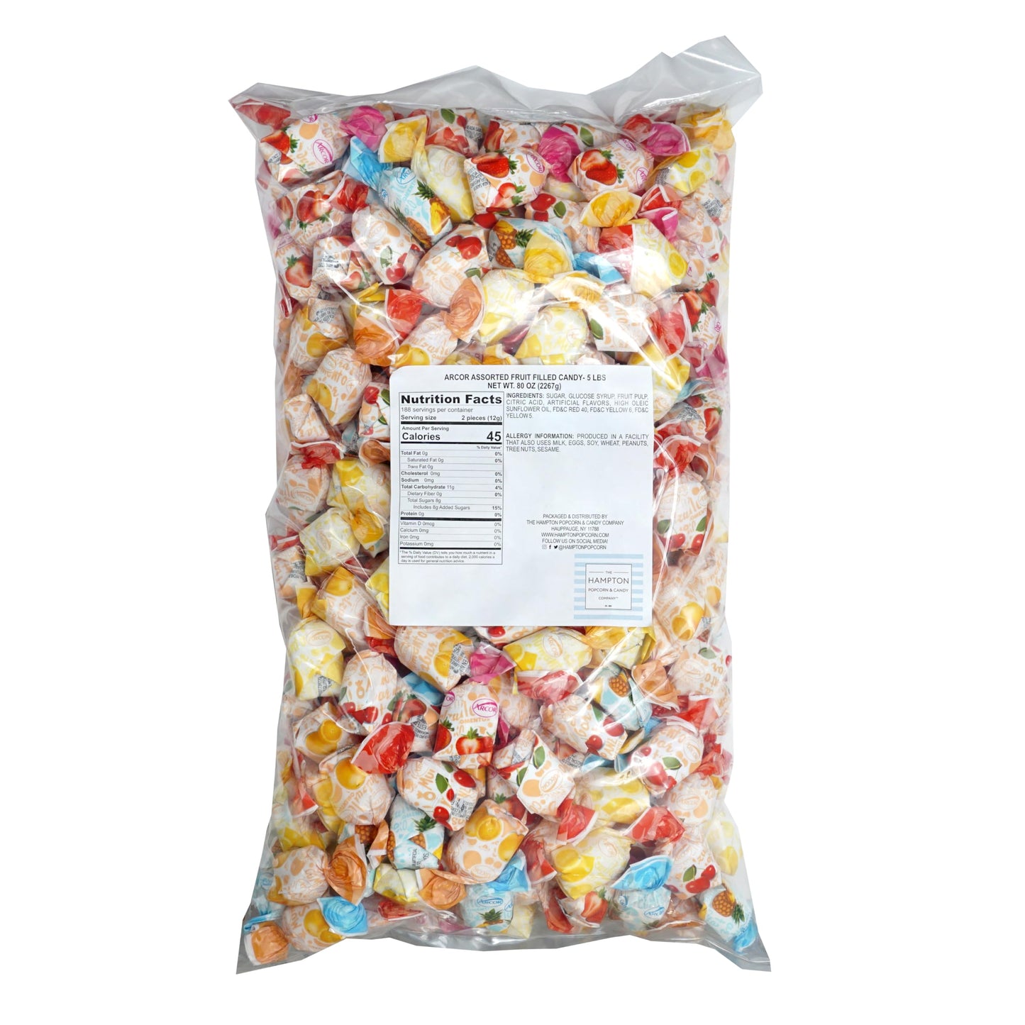 Fruit Filled Candy, 5 Pound Hard Candy (Approx. 300 pcs.), Fruit Filled Hard Candy Individually Wrapped, The Hampton Popcorn & Candy Company